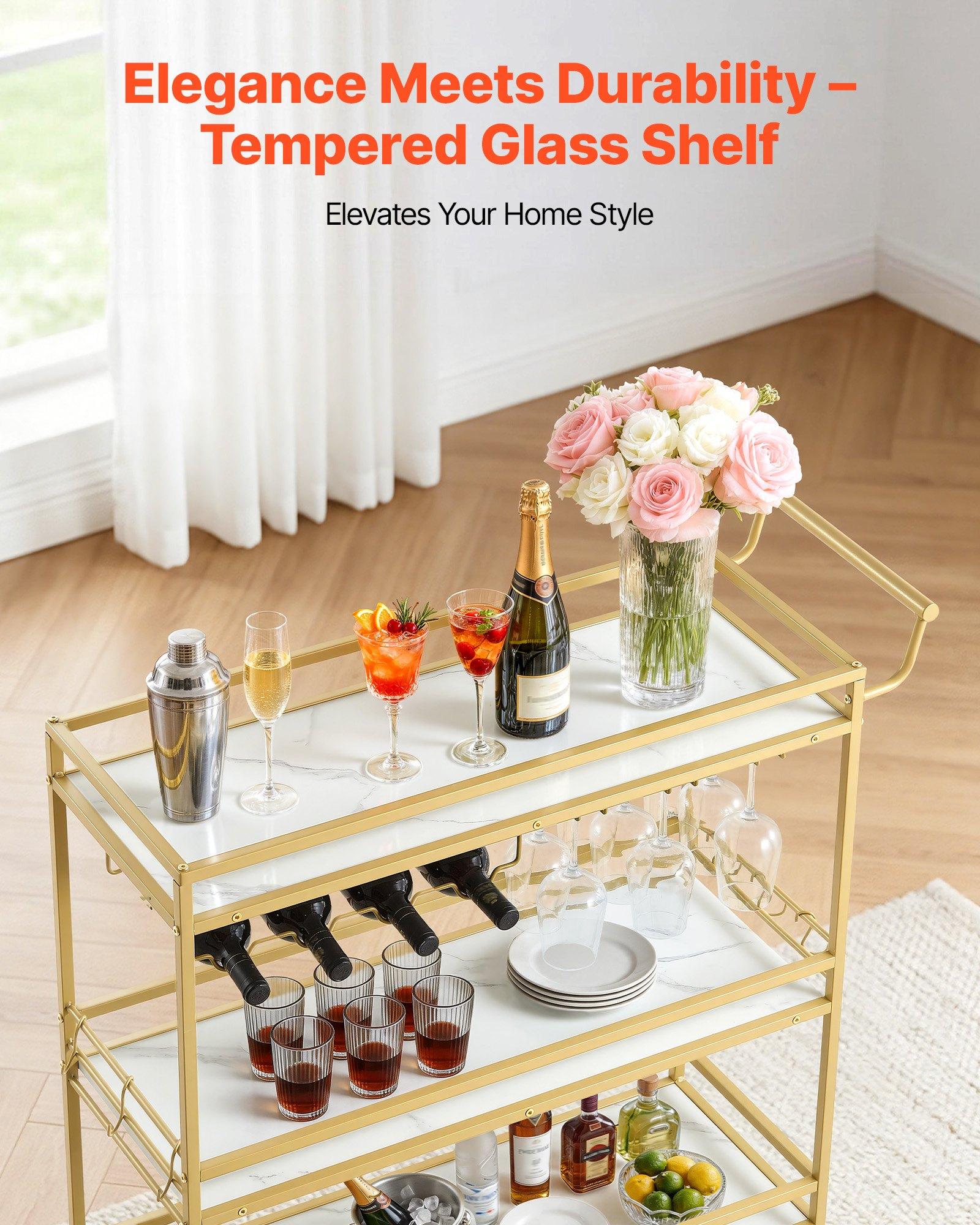 VEVOR Bar Cart Organiser, 3-Tier Modern Rolling Utility Station with Locking Wheels, Engineered Wood Shelf, Wine Rack, Glass Holder, for Bar Service & Outdoor Events, 35.83x12.99x36.81in Gold