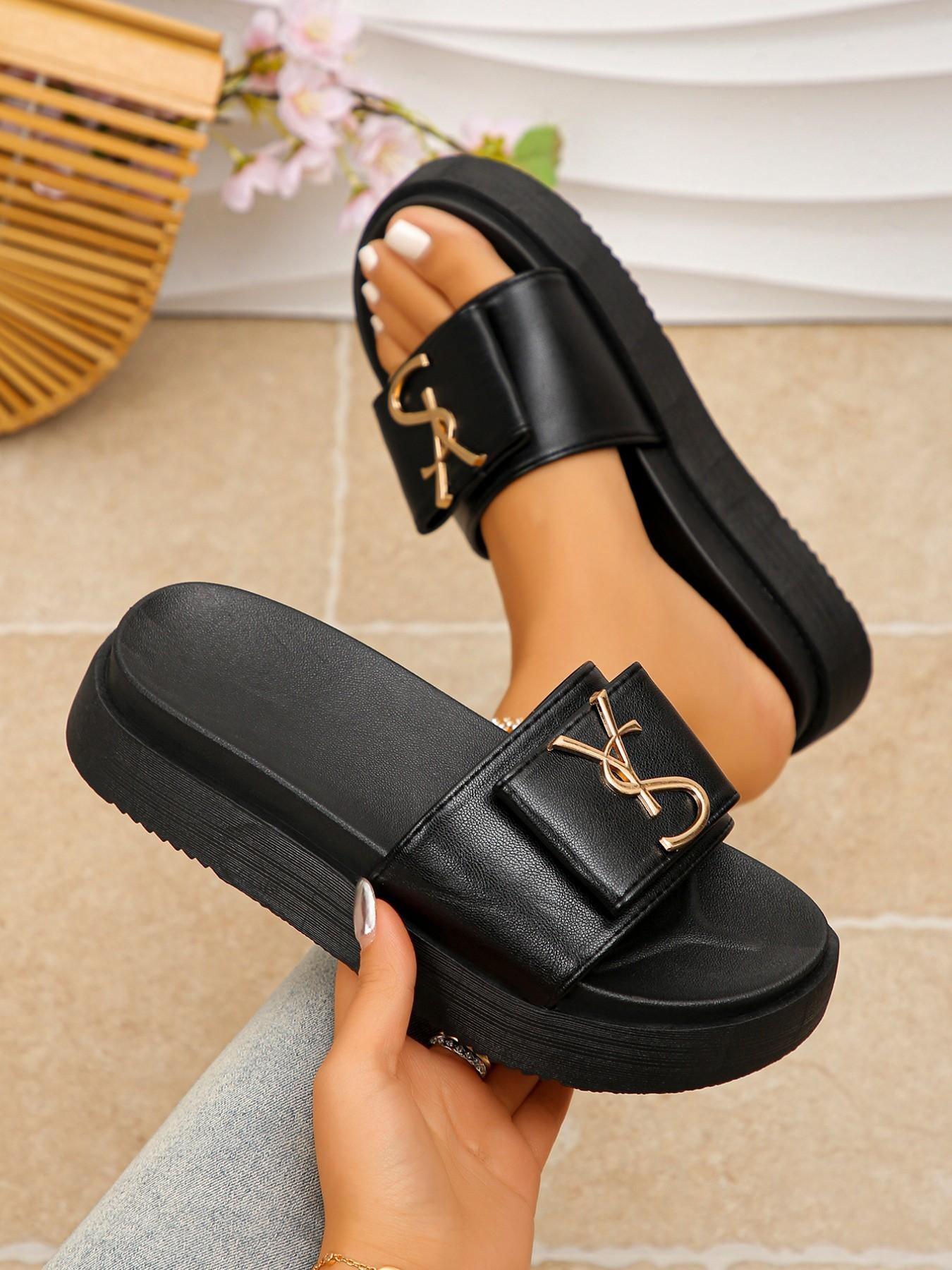 Women's Thick Sole Platform Sandals, Summer Indoor Outdoor Fashion, PU Leather, Rubber Sole, Plain Pattern, Trendy Slippers, Beach Shoes