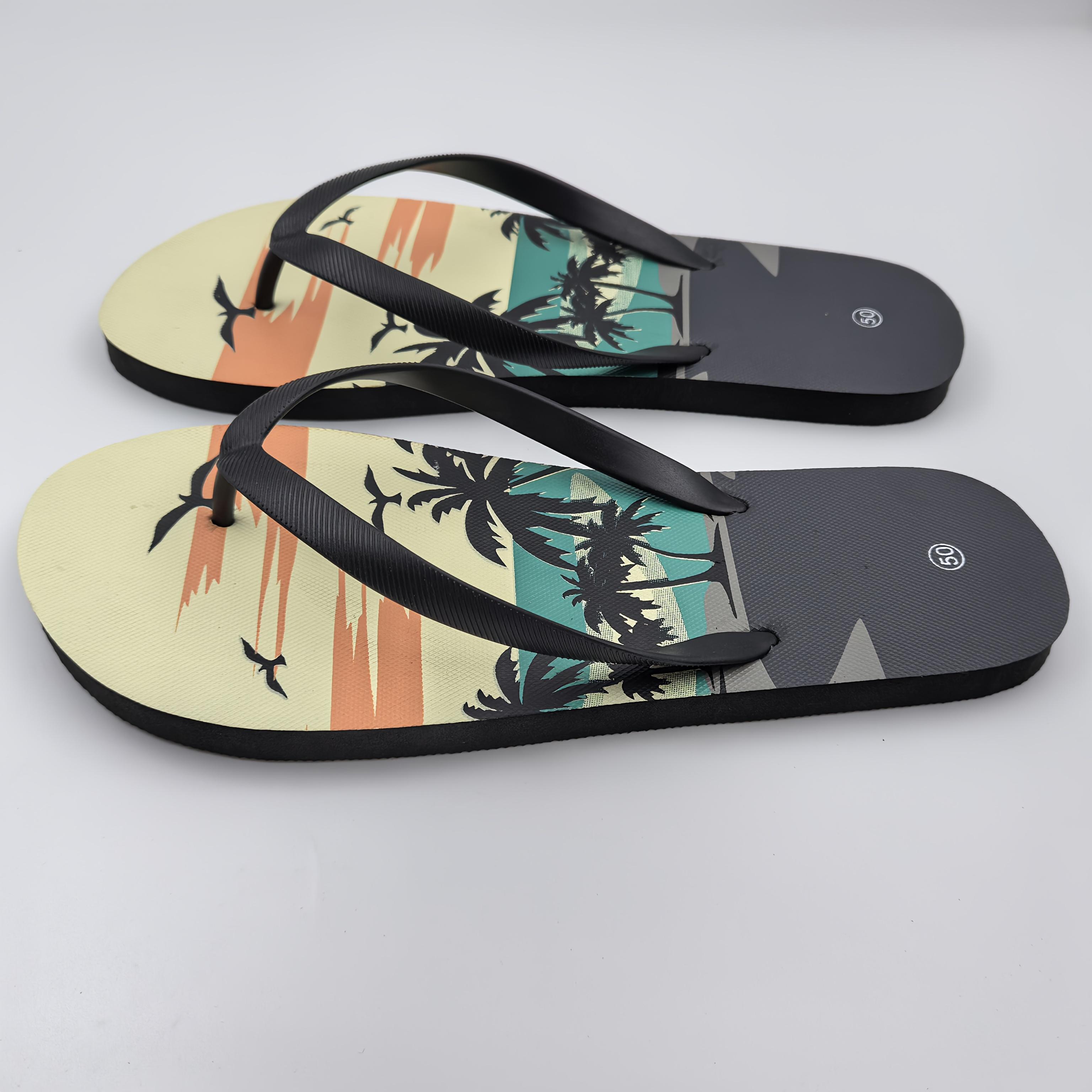 New Men's Herringbone Slippers, Extra Large Size Beach Shoes, Non-Slip Slip-On, Seaside Style with Printed Pattern
