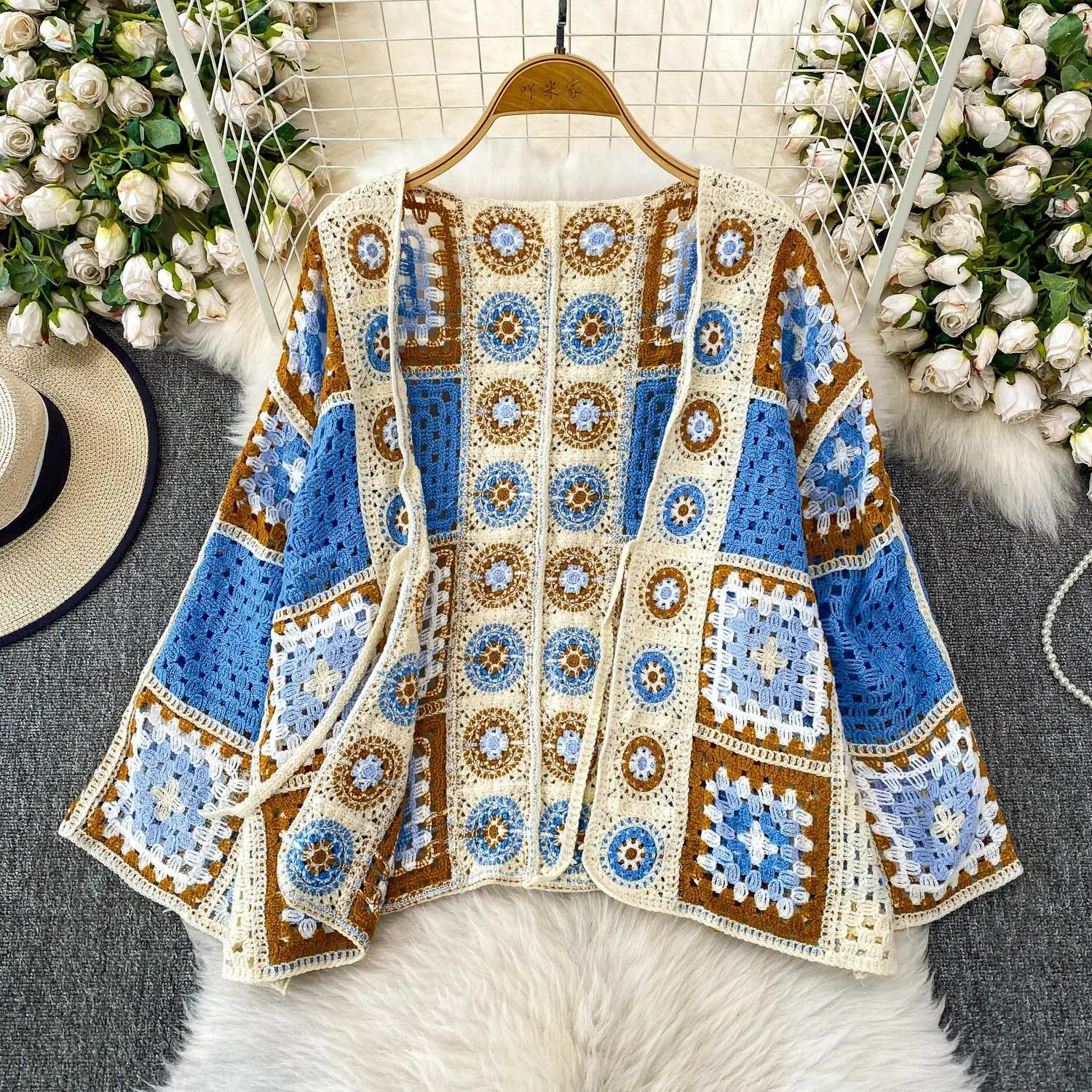 Granny Square Crochet Top Tie Front Cardigan Oversized Blouse Women Summer Beach Bikini Cover Up Bohemian Vacation Outfit