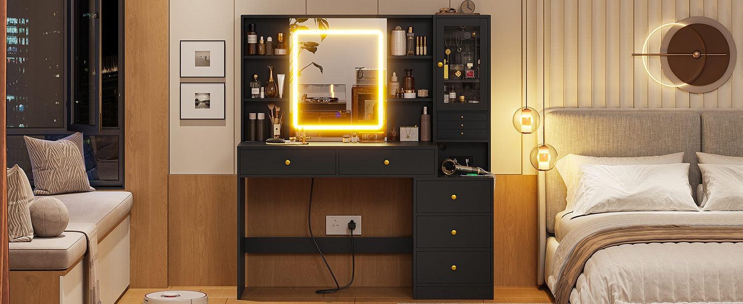 Sikaic  LED Makeup Vanity with Charging Station Jewelry Box Sliding Mirror Drawers Black Vanity Desk with Adjustable Lights