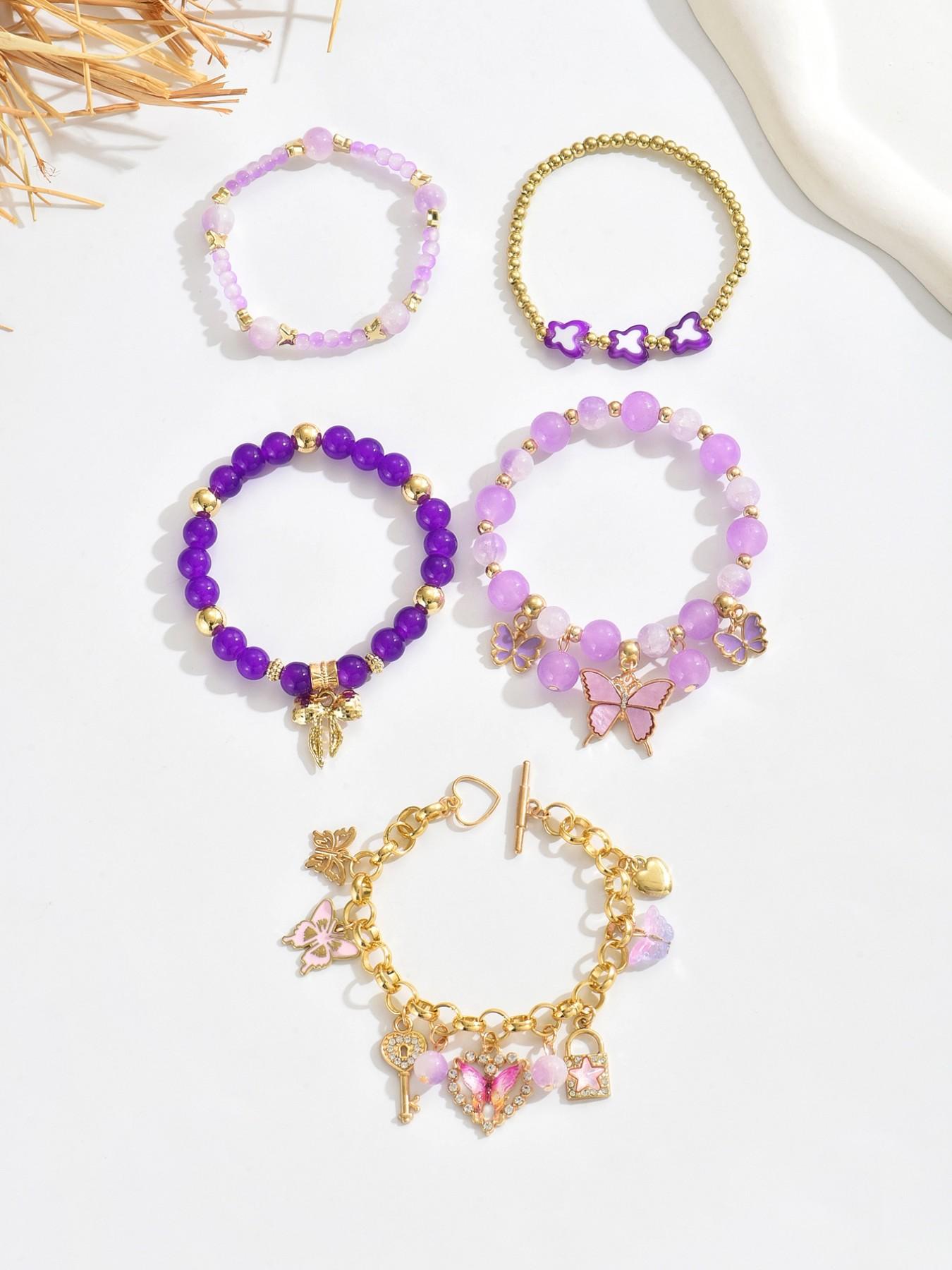 5Pcs Purple Butterfly Beaded Charm Bracelet Stack Set, Multi-Piece Stretchable Layered Bracelets with Gold Tone, Y2K Boho Style, Perfect for Daily Wear, Festival, Beach, Casual & Formal Occasions