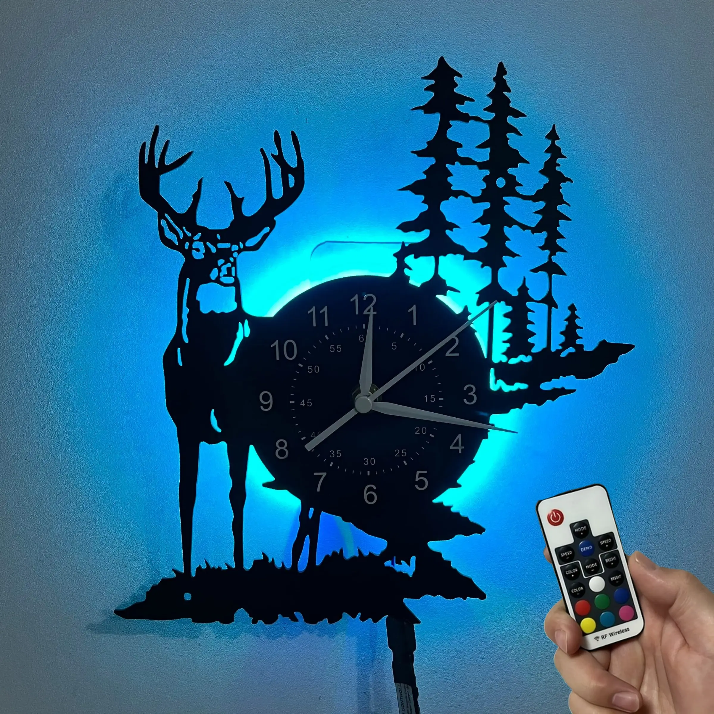 Vinyl art wall clock, featuring a forest deer theme, suitable for home decoration, office decoration, hotel decoration, birthday gifts, Halloween decorations, New Year decorations, Christmas gifts, tabletop ornaments, sleep night lights, art collection