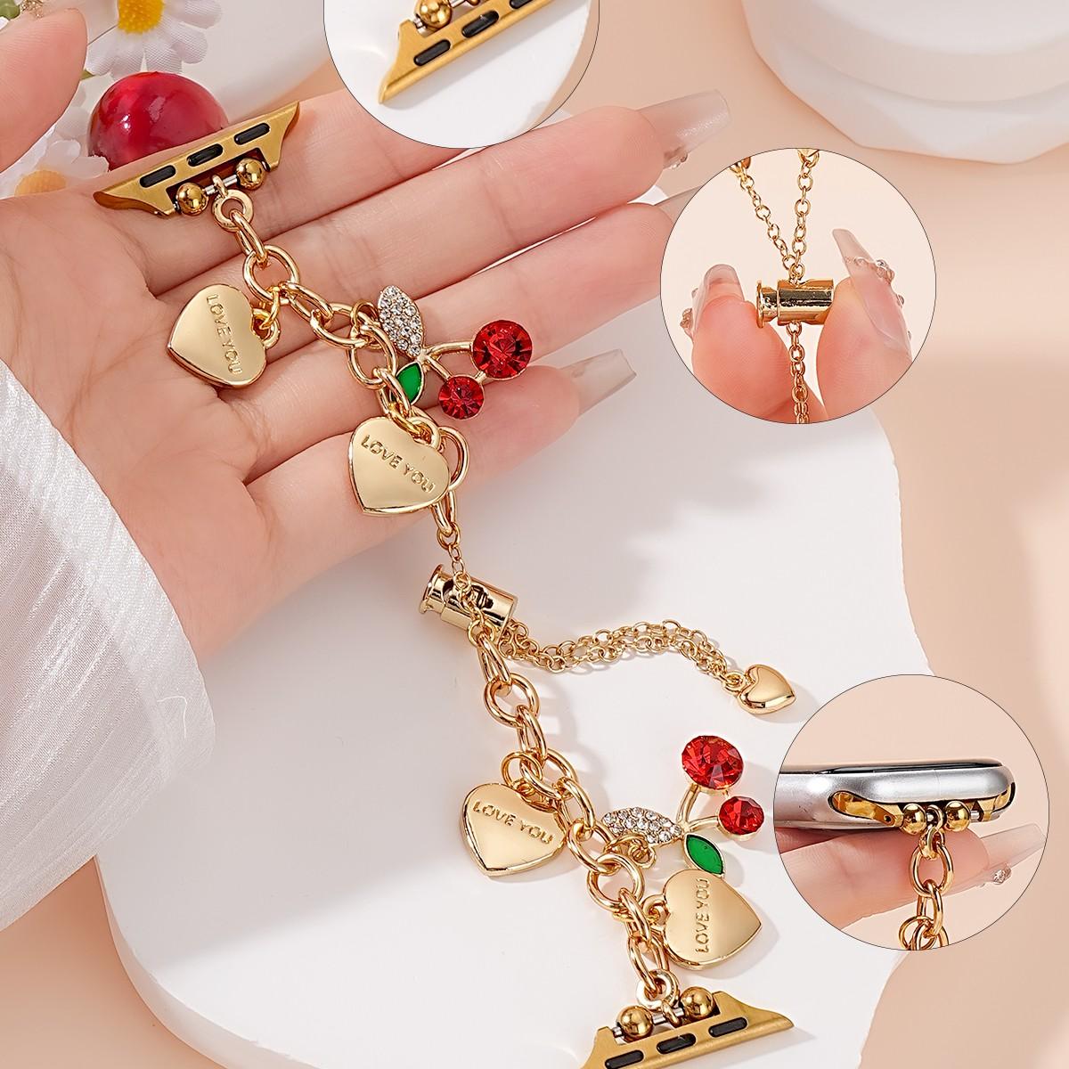 Women's Metal Chain Apple Watch Band, Heart Cherry Charm Bracelet Strap for Iwatch 38-49mm, Perfect Gift for Birthday & Valentine's Day