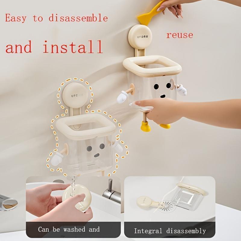 DIY Creative Cute Wall Mount Toothbrush Holder, No-Drill Suction Cup Bathroom Organizer with Multi-Sections for Toothpaste, Electric Toothbrush, Razor, Makeup Brushes, Kitchen Storage Supplies