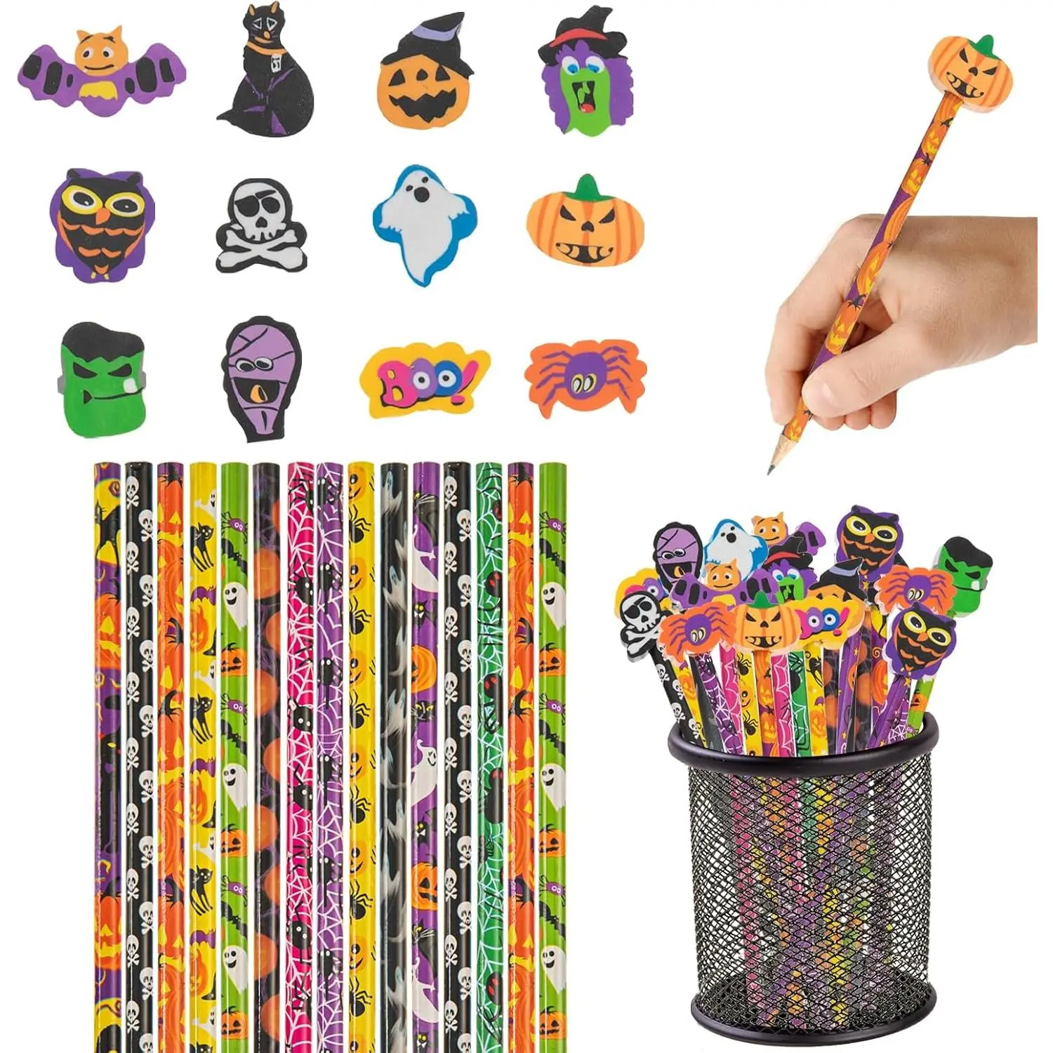 24 count Halloween Pencils  Pumpkin  Pencils with 24 count Giant Eraser  Designs Halloween Stationery Pencil for Halloween Party Favor  Prize