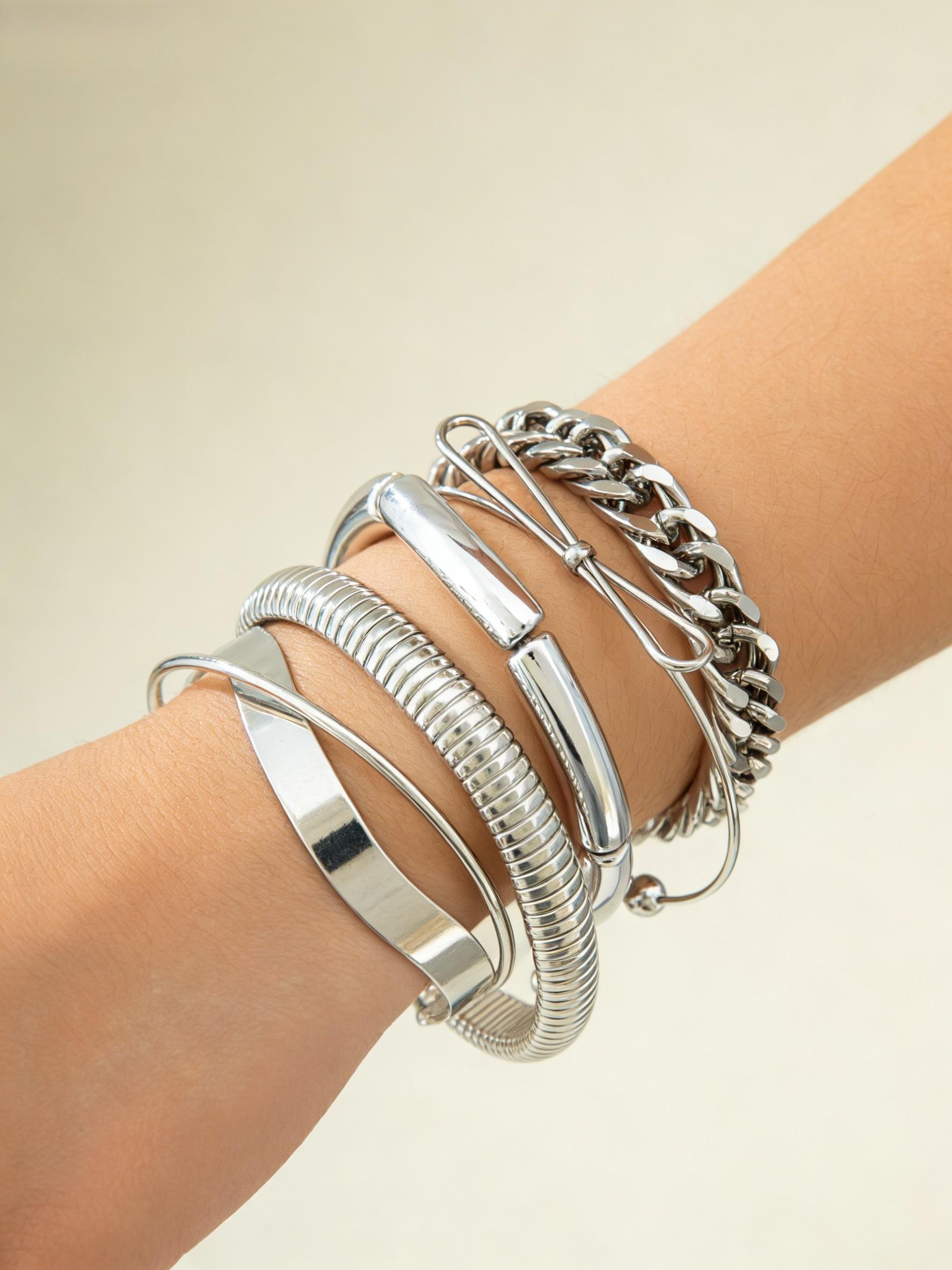 6 Pcs Silver Color Stackable Bracelet Set for Women, Punk Industrial Cuban Chain Open Cuff, Multi-Layer Metal Style, Street/party Fashion