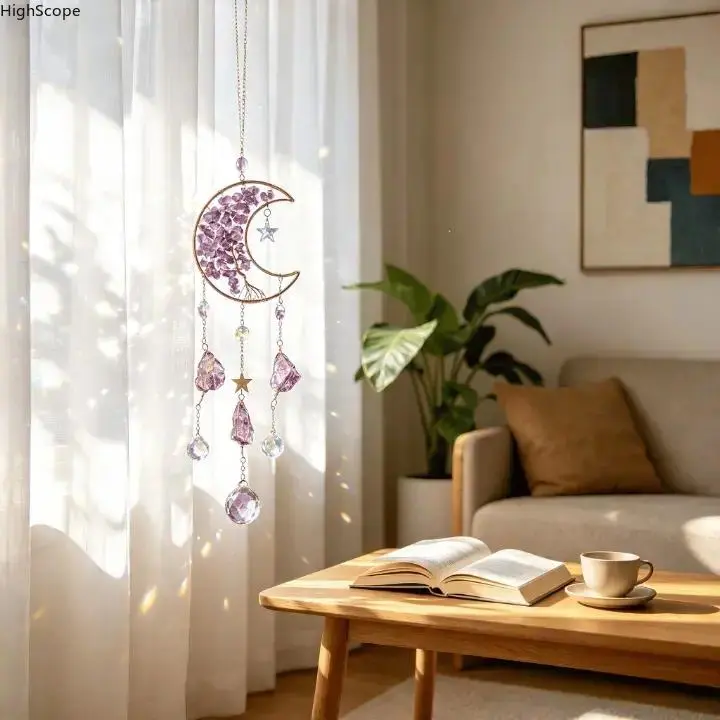 Crystal Moon Dream Catcher, Handmade Tree of Life Suncatcher with Purple Stones, Polyester Hanging Wall Decor for Bedroom, Bless Gift