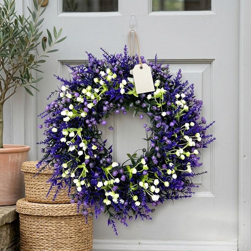 Lavender Starburst Artificial Flower Wreath Floral Hanging Decor, Decorative Flowers, Front Door Decoration, Home Wedding Outdoor Event Decor, Battery-Free, Elegant Design