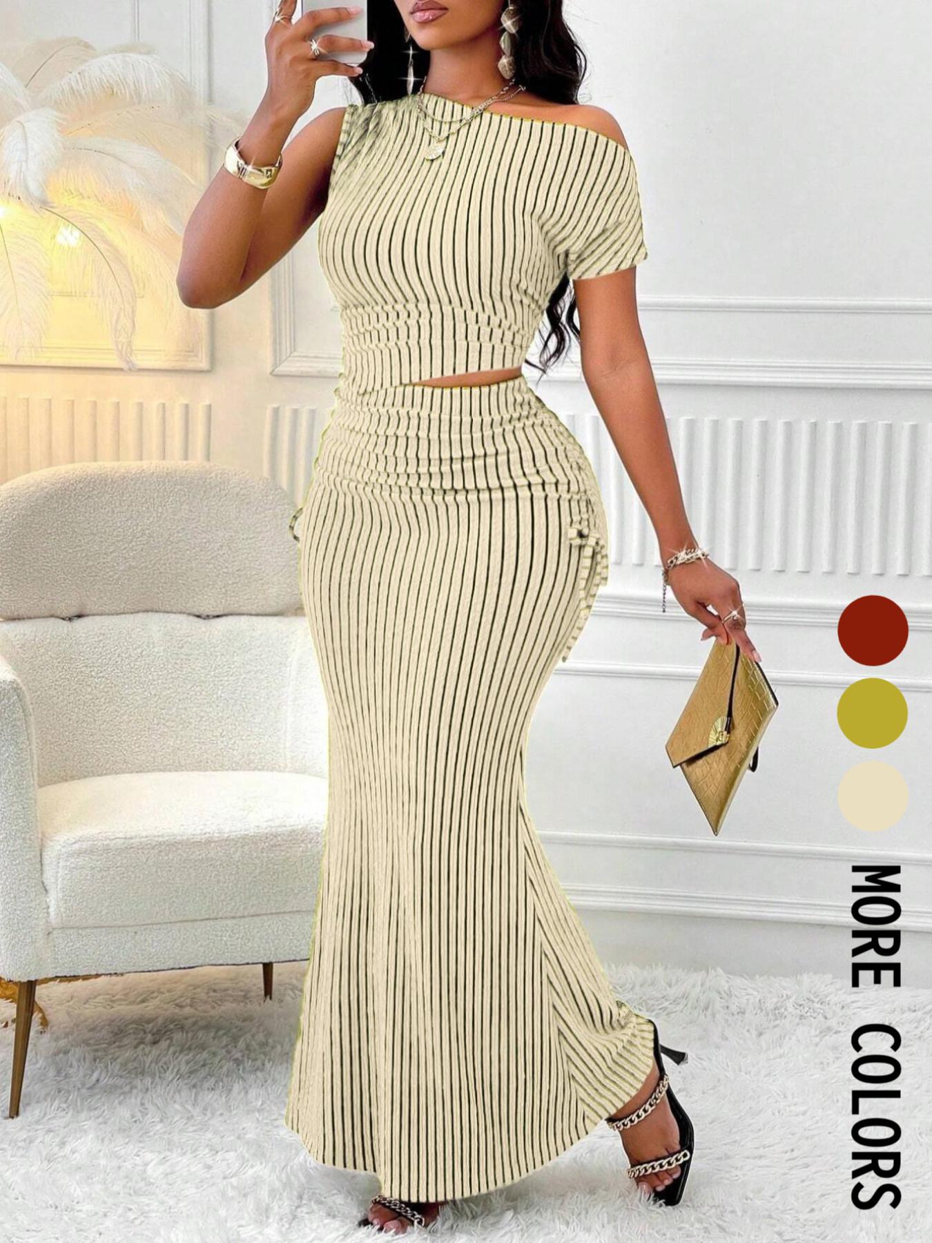 Women's Two-Piece Set, Striped Short Sleeve Asymmetrical Shoulder Top and High-Waisted Skirt, Casual, Fashionable and Body-Conscious, Summer Outfit Set, Clothes