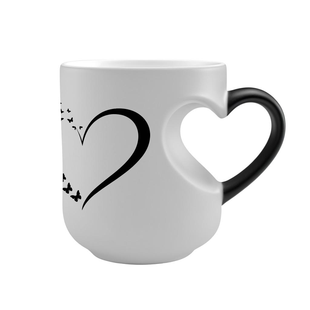 1pc 11Oz Ceramic Mug, Color Changing Mug, Black And White Color Changing Design, Heart-Shaped Handle, Butterfly and Heart Pattern Printing, Heat Sensitive Color, Perfect Gift for Coffee Lovers, Christmas Gift, Birthday Gift, Drinking Cup