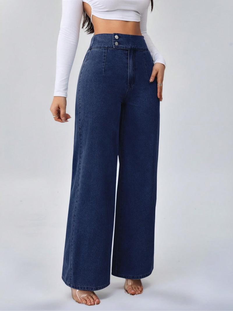 Women's Vintage Elegant High Waist Wide Leg Jeans, Button Front Elastic Waist, Plain Design, Casual Fashion Pants, All Seasons Women's Vintage Elegant High Waist Wide Leg Jeans, Button Front Elastic Waist, Plain Design, Casual Fashion Pants, All Seasons