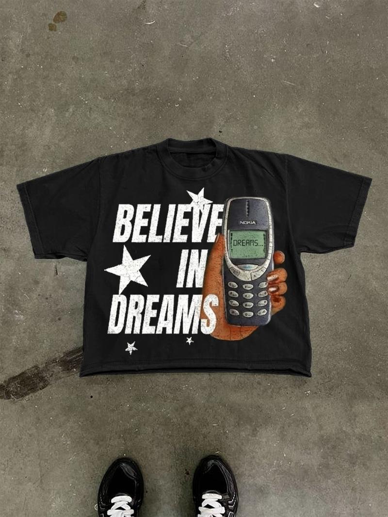 Men's Cotton T-Shirt, Short Sleeve, Phone & Star Print, Loose Fit, Casual Style, Summer Fashion, Outdoor Sports Streetwear