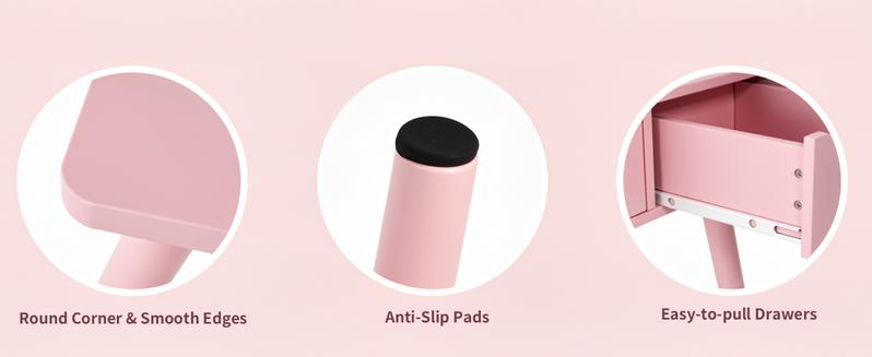 Kids Vanity Set and Mirror, Wooden Pretend Play Vanity Table and Chair Set for Girls with Stool, Drawer, Princess Makeup Dress-Up Toy for Toddlers 3+Year Old