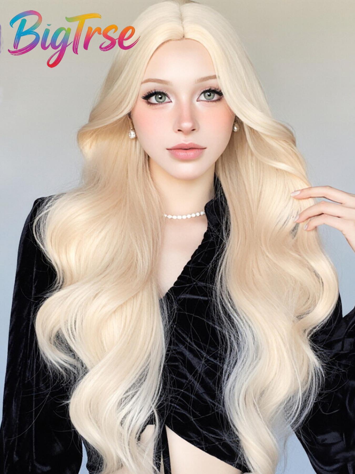 Bigtrse Women's 26-Inch Wavy Synthetic Wig, Platinum, Heat-Resistant Fiber, Natural Hairline, Perfect for Halloween, Parties, Daily Wear