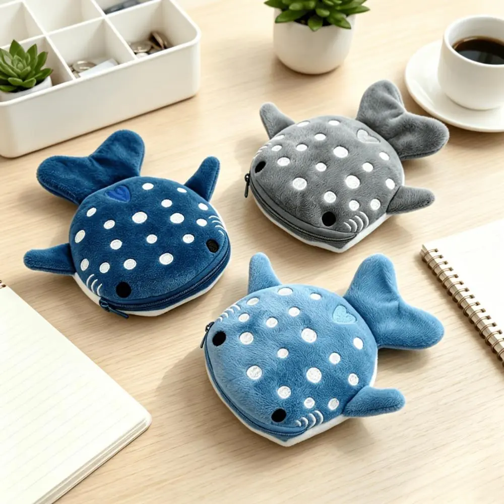 5pcs Cute Whale Shark Plush Coin Purse, Zipper Storage Pouch, Portable Data Cable Bag, Ocean Animal Bag Charm Pendant, Small Gift