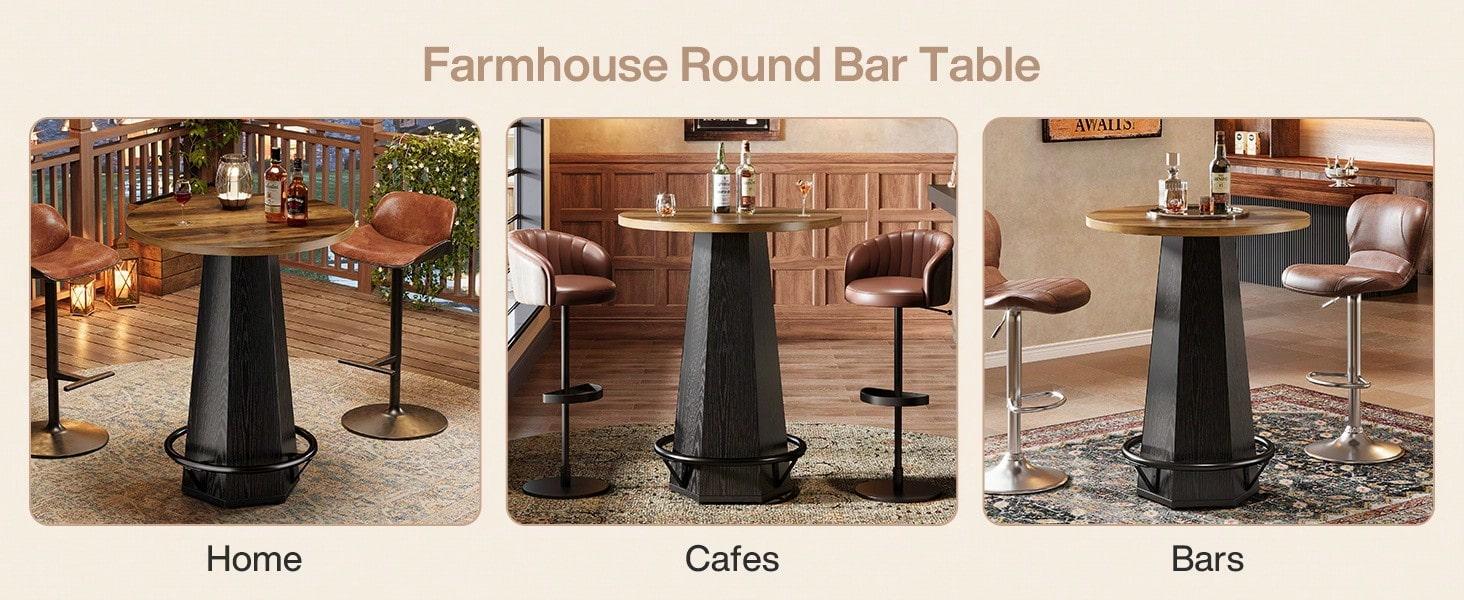 Round Counter Height Bar Table 31.5 Inch, Bistro Pub Table with Footrest, Brown & Black Small Space Table, Perfect for Kitchen Home Bar Cafe Studio Lounge Furniture