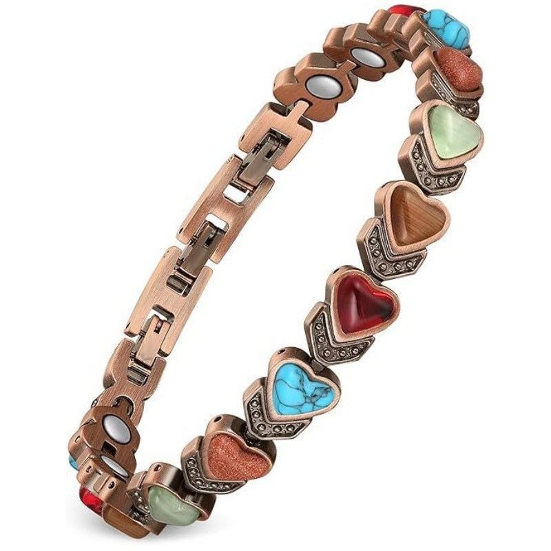 Women's Vintage Red Copper Heart Motif Healing Crystal Magnetic Therapy Bracelet - Multi-Color Natural Stone Link, Adjustable Size Ladies Wear Jewelry, Gift Ideas for Women, Link Bracelet