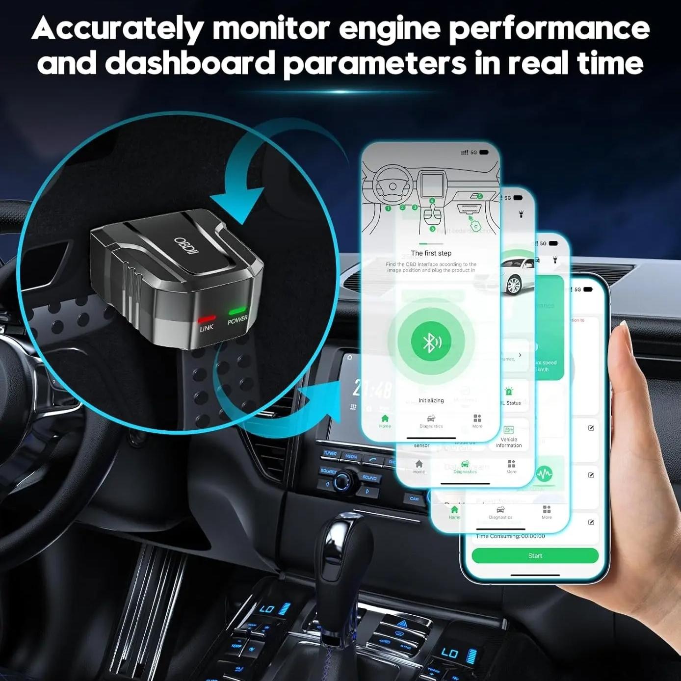V011 OBD2 Scanner, Bluetooth-compatible 5.4 Diagnostic Scan Tool, Wireless Auto Connect Clear/Reset Engine Error Code Reader for iOS/Android