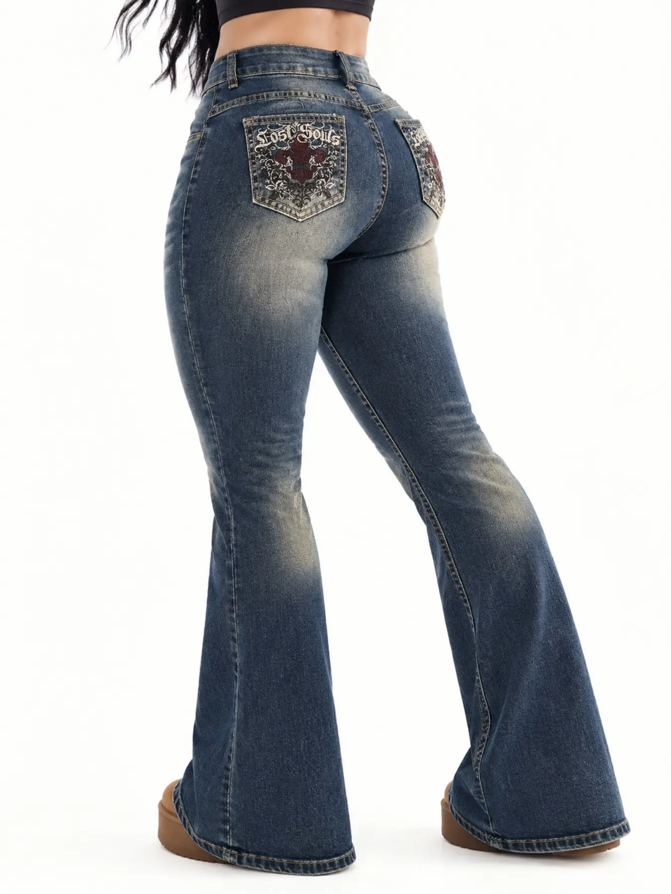 Women's Bell Bottom Jeans, Romwe Grunge Punk Floral Letter Embroidery, Fashionable Denim Jeans, Comfortable Fit, Daily Wear, Embroidered Floral Jeans
