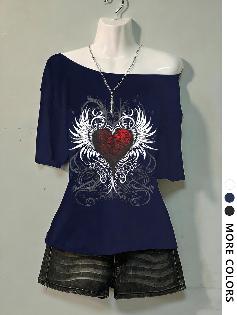 Women's Asymmetrical Neck Digital Print Summer Casual T-Shirt, Vintage Campus Style, Fashion Trend Letter Design