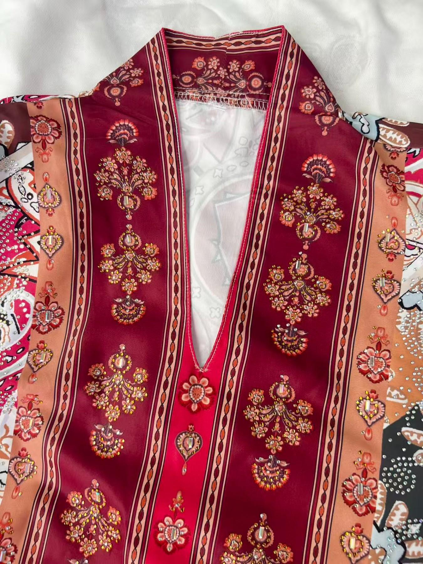 Women's Vintage Floral Totem Print Embellished Robe, Dubai Style Kaftan Evening Gown, Eid Al Fitr Abaya