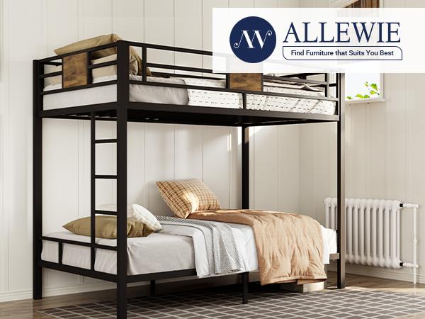 Allewie Twin Over Twin Bunk Bed with Rustic Wooden Accents, 【Frame Only No Mattress】Sturdy Metal Frame, Space-Saving Design, Noise-Free, Black,#TikTokShopBlackFriday #Christmas Gifts