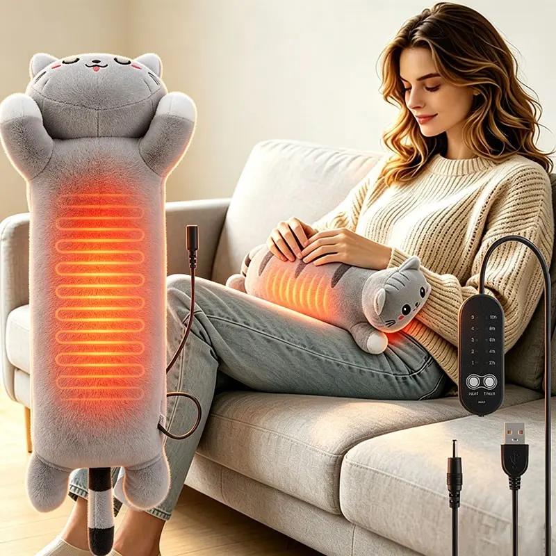 Cute Cat Heated Plush Throw Pillow, USB Powered Heating Pad for Period Menstrual, 5 Heat Levels 5 Timer Settings, Soft Heating Cushion for Neck Back Abdomen, Warm Gift for Women Girls Kids, Heating Pads For Back Pain