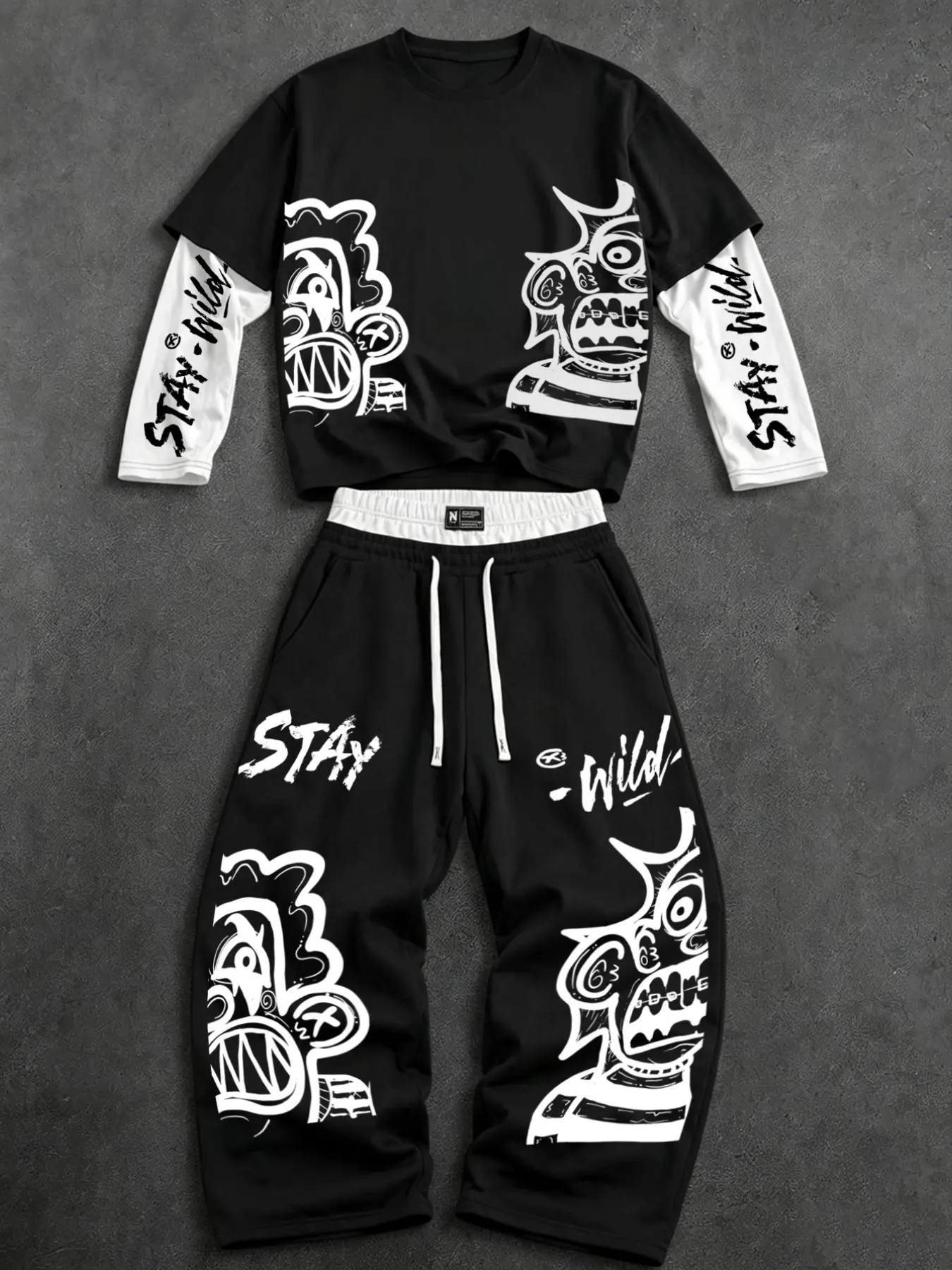 Viral Graffiti Streetwear Men Matching Outfit Fake Two Layer Contrast Sleeve Monster Face Graphic STAY WILD Letter Print Wide Leg Sweatpants Wrinkle Resistant Stretch Comfort Tracksuit For Youth Daily Lazy Matching Outfit Outdoor Travel Skate Style Dark S