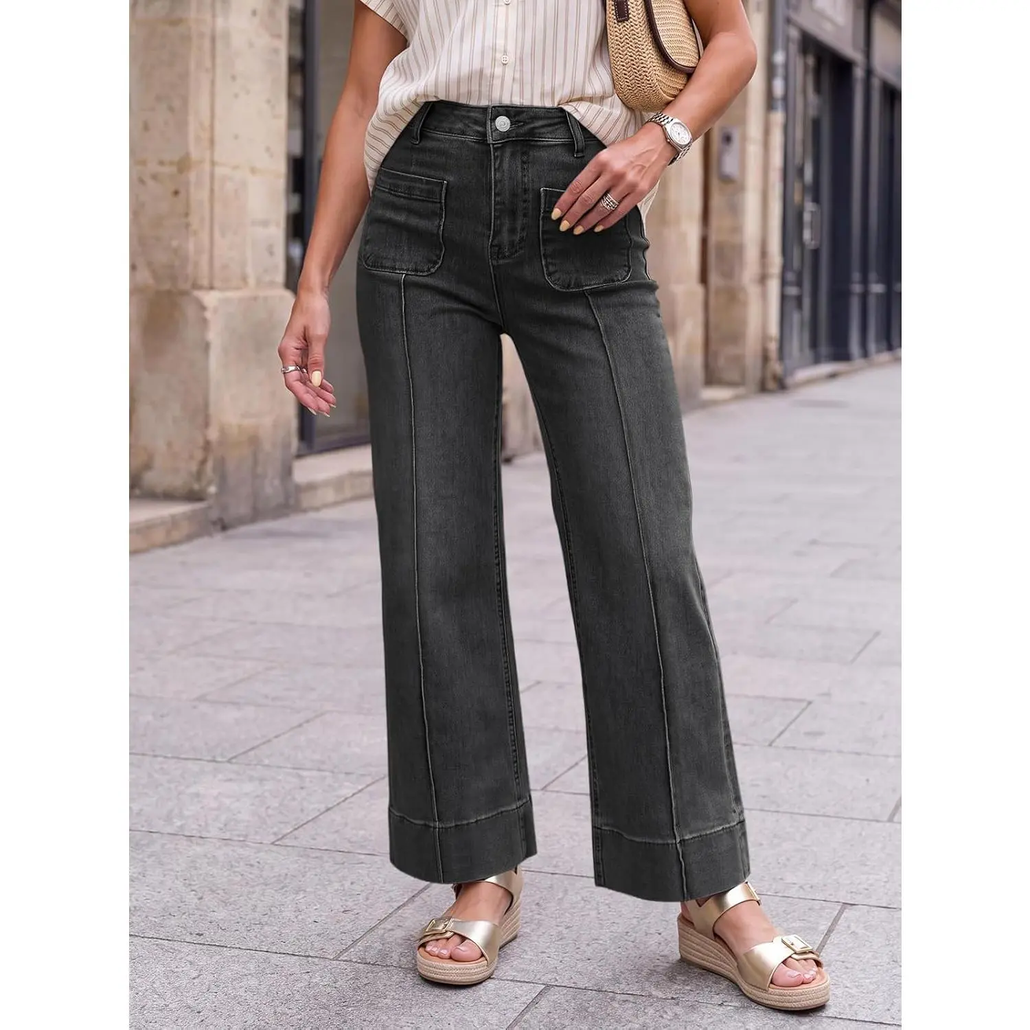 Tankaneo Womens Wide Leg High Waisted Jeans Cropped Ankle Denim Pants, Soft Stretchy, Baggy, Loose Fit, Straight Cut, Pockets, Tummy Control, Casual Wear