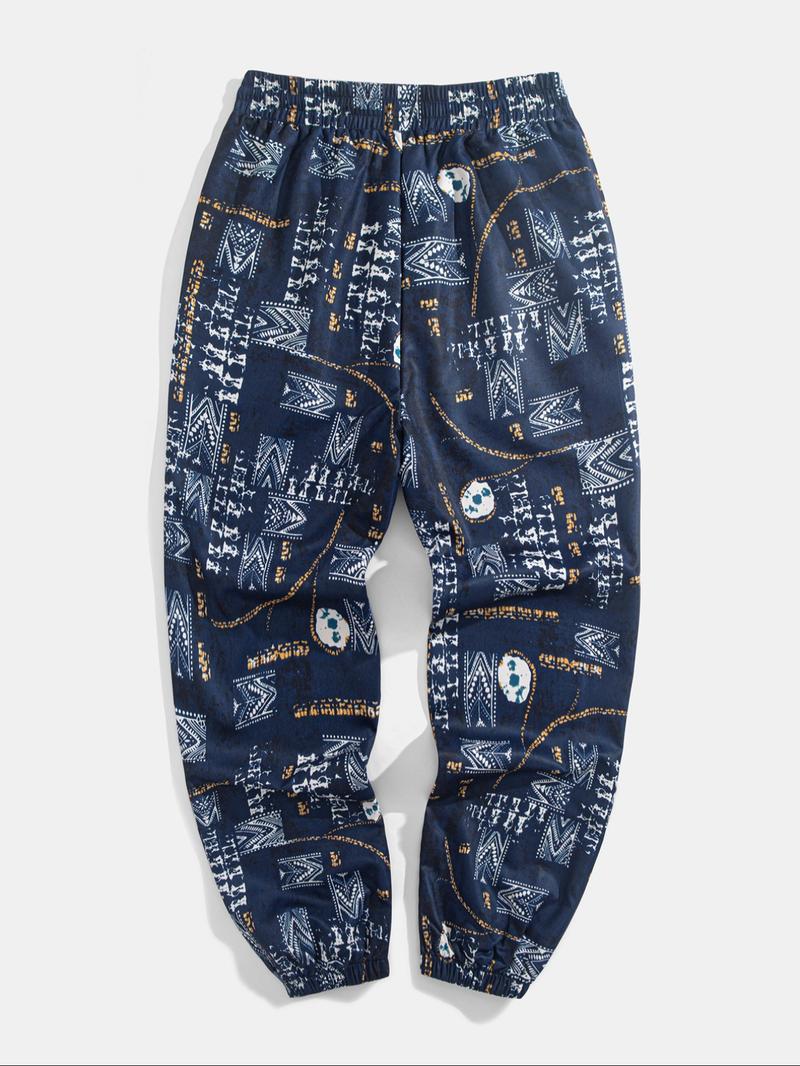 Men's Ethnic Pattern Drawstring Waist Pants, Boho Casual Comfy Trousers for Daily Wear, Men's Bottoms for Summer, Menswear