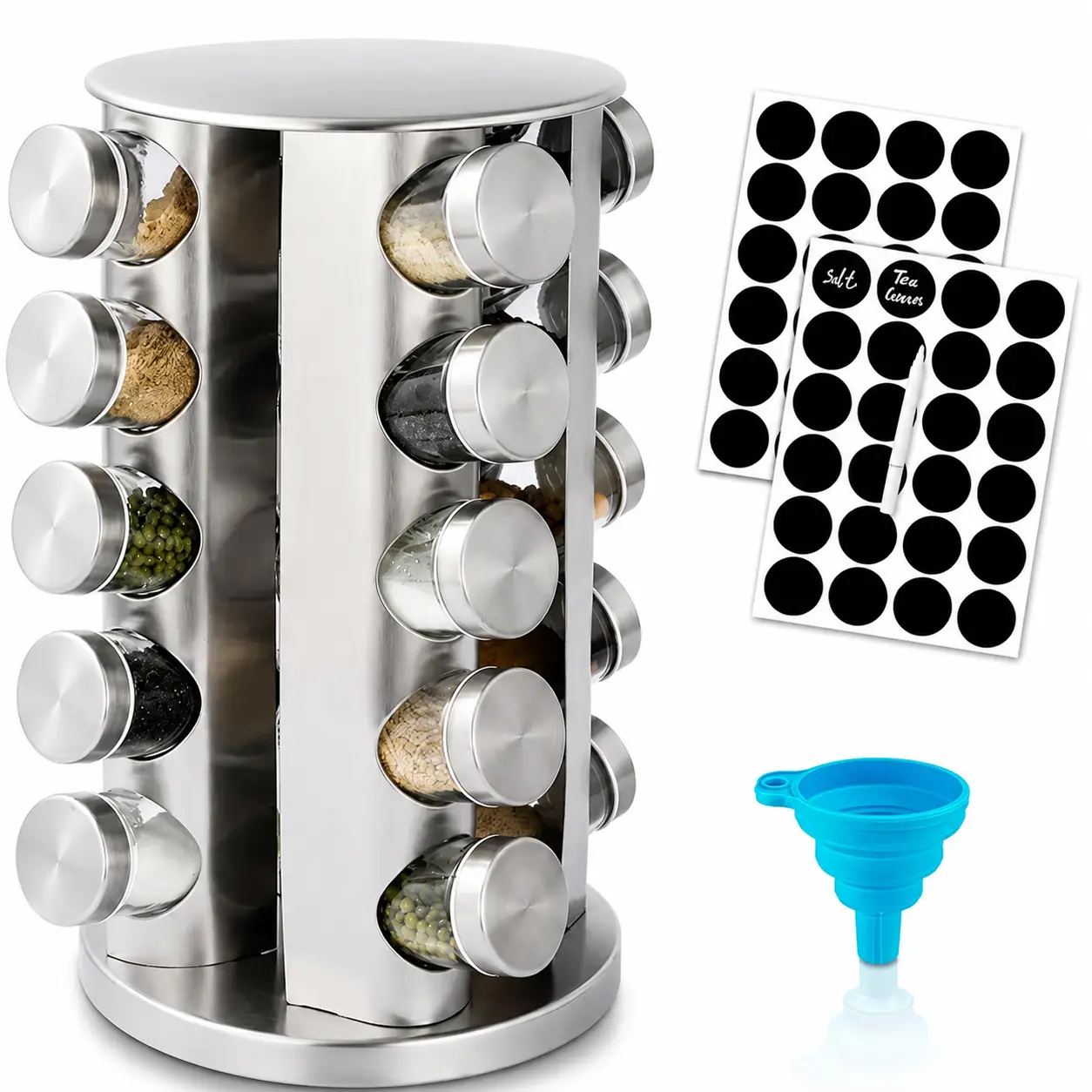Stainless Steel Rotatable Spice Rack Organizer with 20 Seasoning Jars & Canisters, 360-Degree Revolving Design for Easy Access, Durable Stylish Kitchen Decor for Cabinets & Countertops