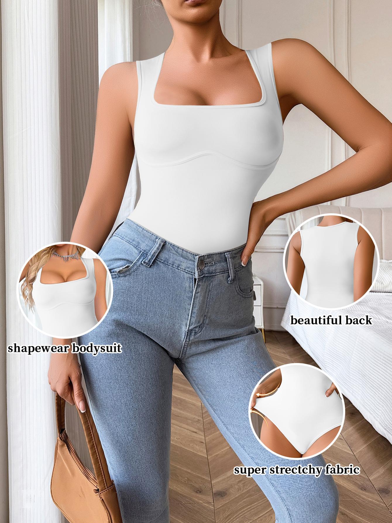 Women's Solid Square Neck Body Shaping Shapewear Bodysuit, Tummy Control Sleeveless Seamless Shaper, Women's Shapewear for All Seasons