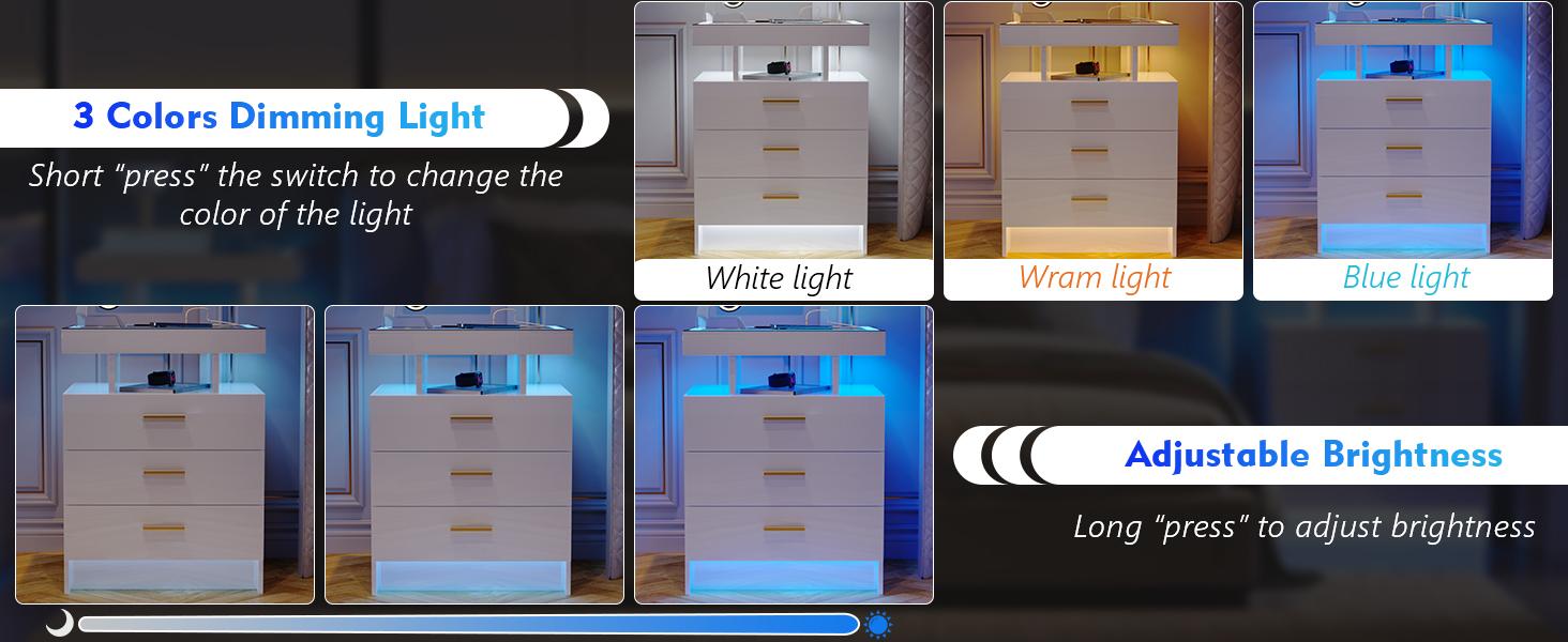 Vlsrka LED Nightstand with Wireless Charging Station, Auto Sensor 3 Color Dimmable Night Stand, Modern Bedside Table with 3 Drawers & 3 Open Compartments for Bedroom