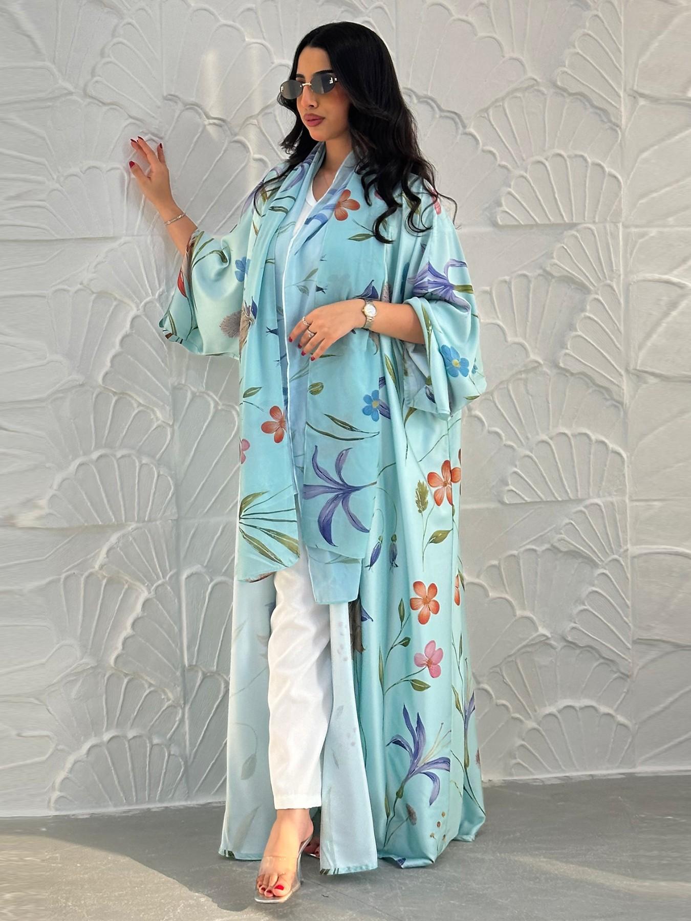 New Muslim Women's Loose Fit Open Front Robe, Printed Two-Piece Set with Headscarf, Casual Daily Wear, Comfortable and Stylish, Floral Abaya Set, Islamic Abaya, Muslim Clothing