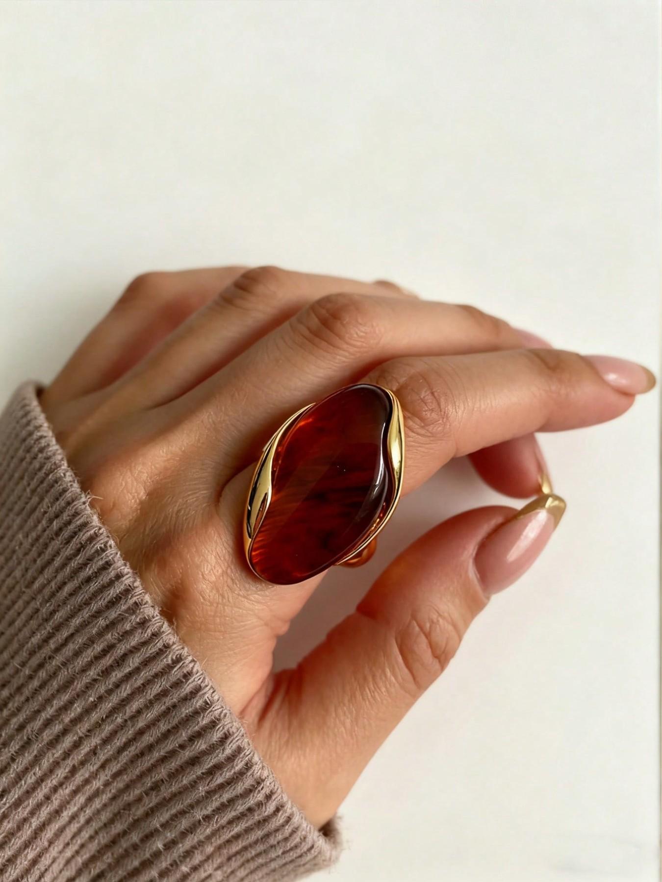 Vintage Marbled Resin Stainless Steel Adjustable Ring, Simple Elegance Women's Daily Versatile Gift, Stylish and Precise Jewelry