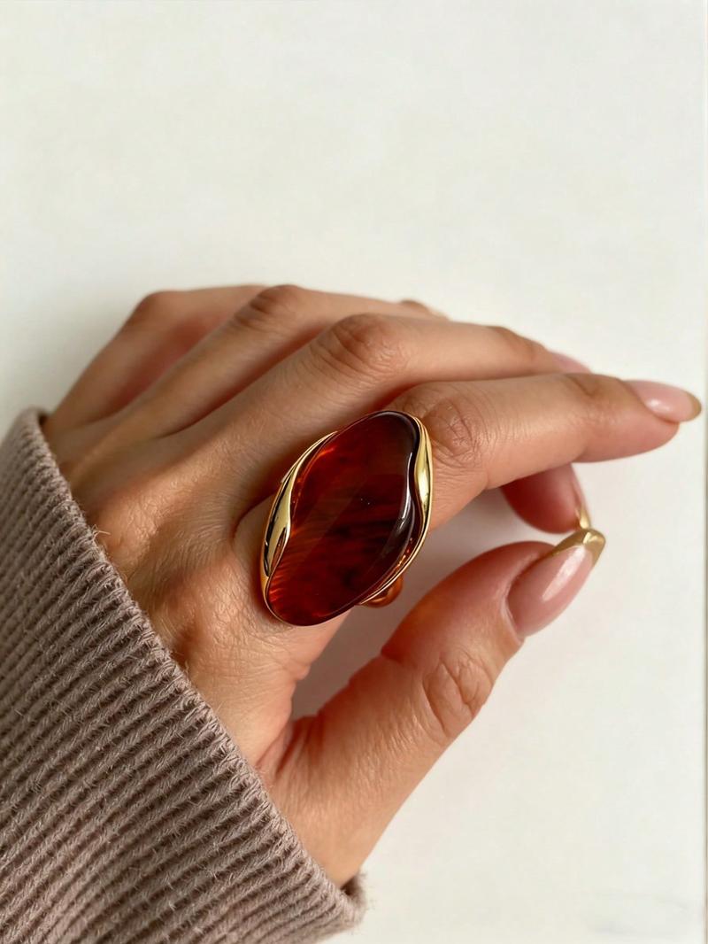 Vintage Marbled Resin Stainless Steel Adjustable Ring, Simple Elegance Women's Daily Versatile Gift, Stylish and Precise Jewelry