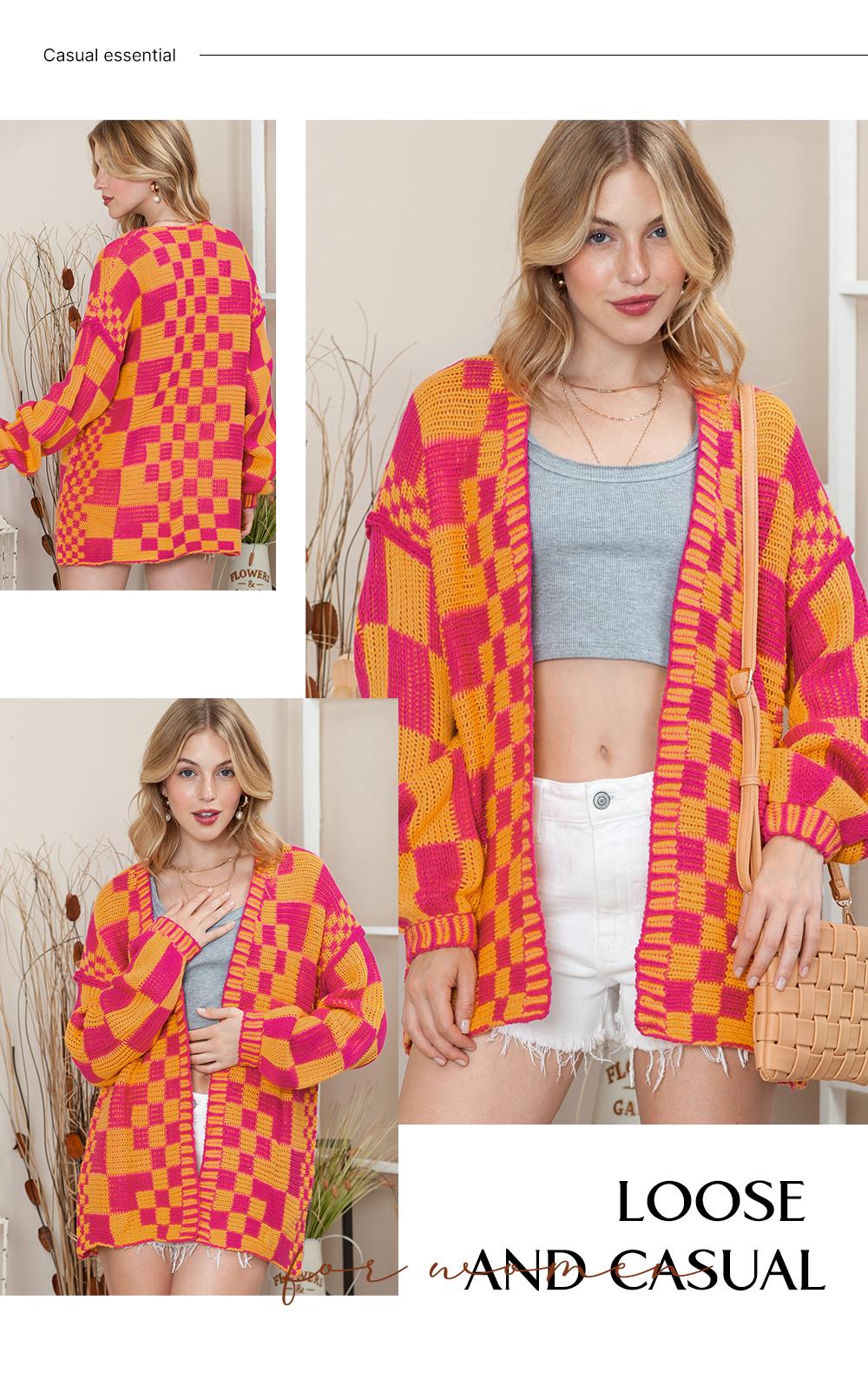 Asvivid 2026 Fall Clothes For Women Oversized Long Open Front Cardigan Mixed Checkered Pattern Cable Knit Cardigans Sweater Holiday