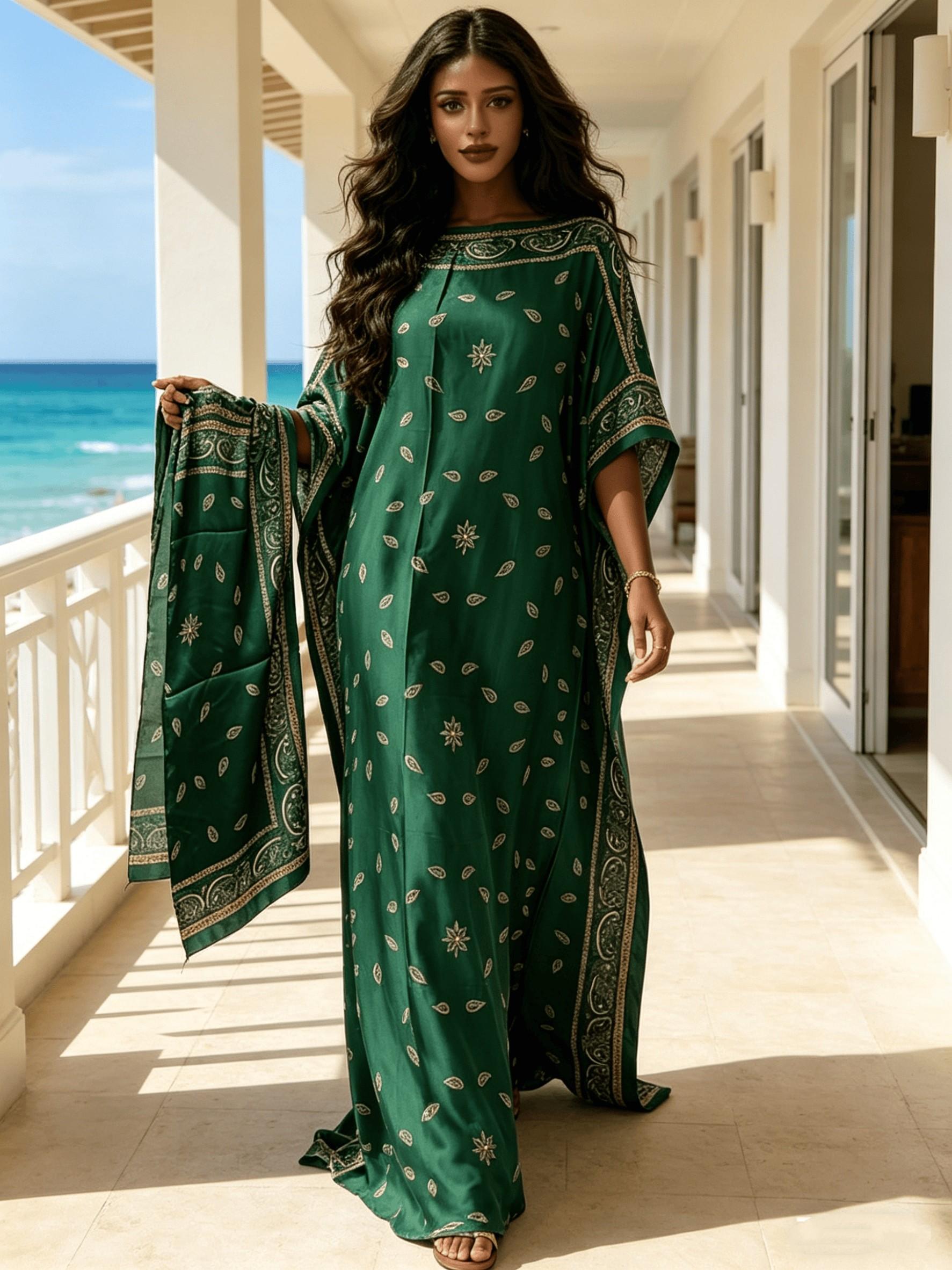 2026 New Women's 2 Piece Emerald Green Paisley Print Kaftan Maxi Dress with Matching Statement Scarf, Silky Loose Pleated Robe, Plus Size Friendly, Summer Beach Cover Up, Resort Vacation & Evening Party Wear
