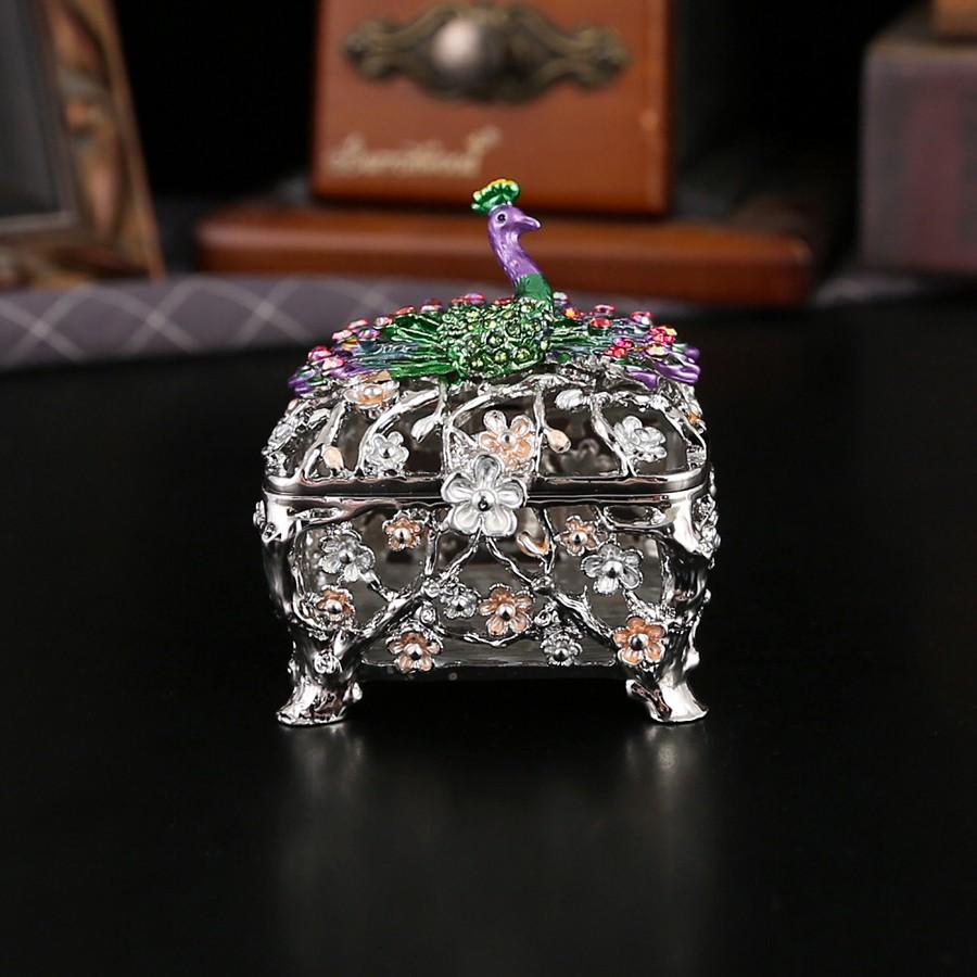 Elegant Silver Color Peacock Jewelry Box, Intricate Lace Design, Vanity Organizer, Trendy Oriental Luxury Decor, Perfect for Accessories Storage