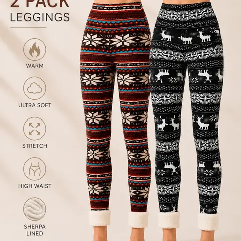 Women's Winter High Waist Fleece Lining Christmas Snowflake Deer Plaid Leggings, Casual All over Print Trousers, S-Xxl Size