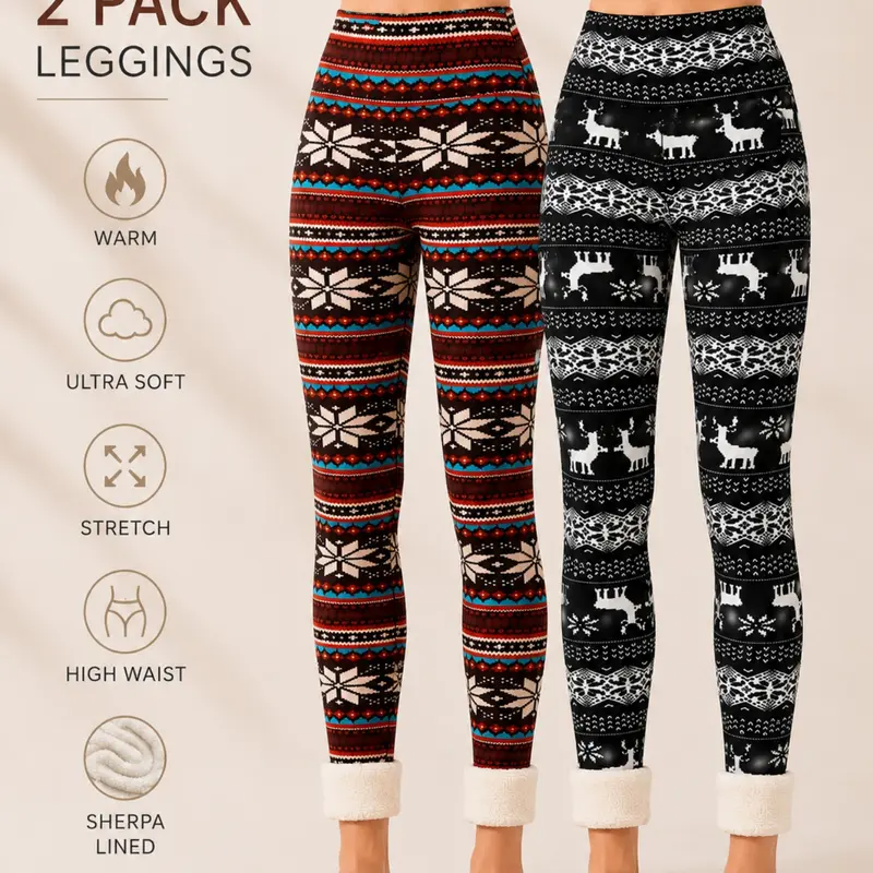 Women's Winter High Waist Fleece Lining Christmas Snowflake Deer Plaid Leggings, Casual All over Print Trousers, S-Xxl Size