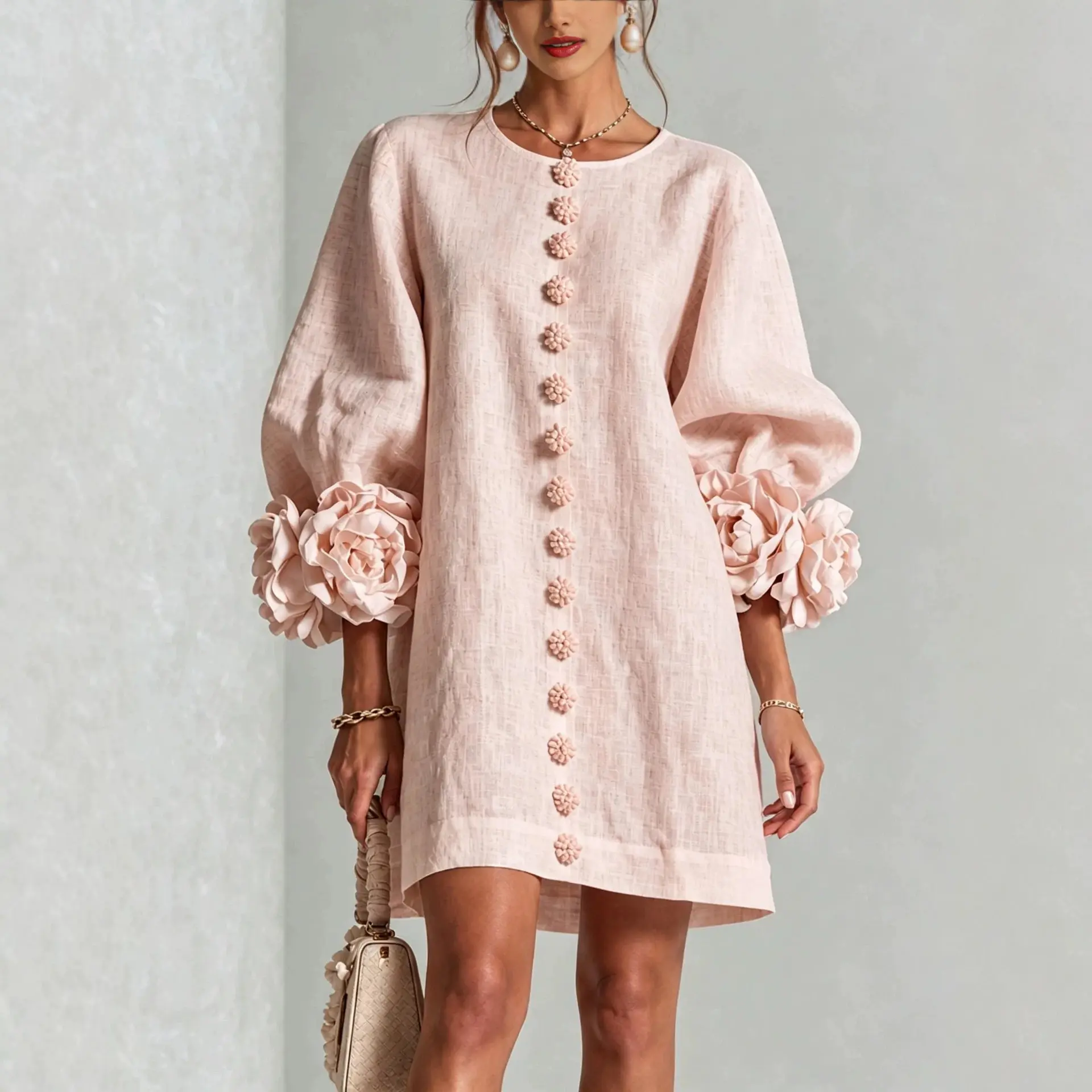 2026 French-Style 3D Floral Lantern-Sleeve Dress