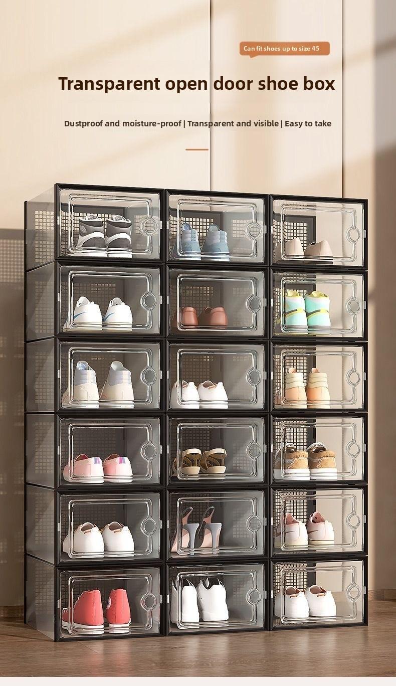 Shoe storage boxes, Shoe organizer, 6-piece sets, made of thick transparent material with lids, foldable and stackable containers allow for flexible arrangement, ideal for organizing sneakers and saving space in entryway
