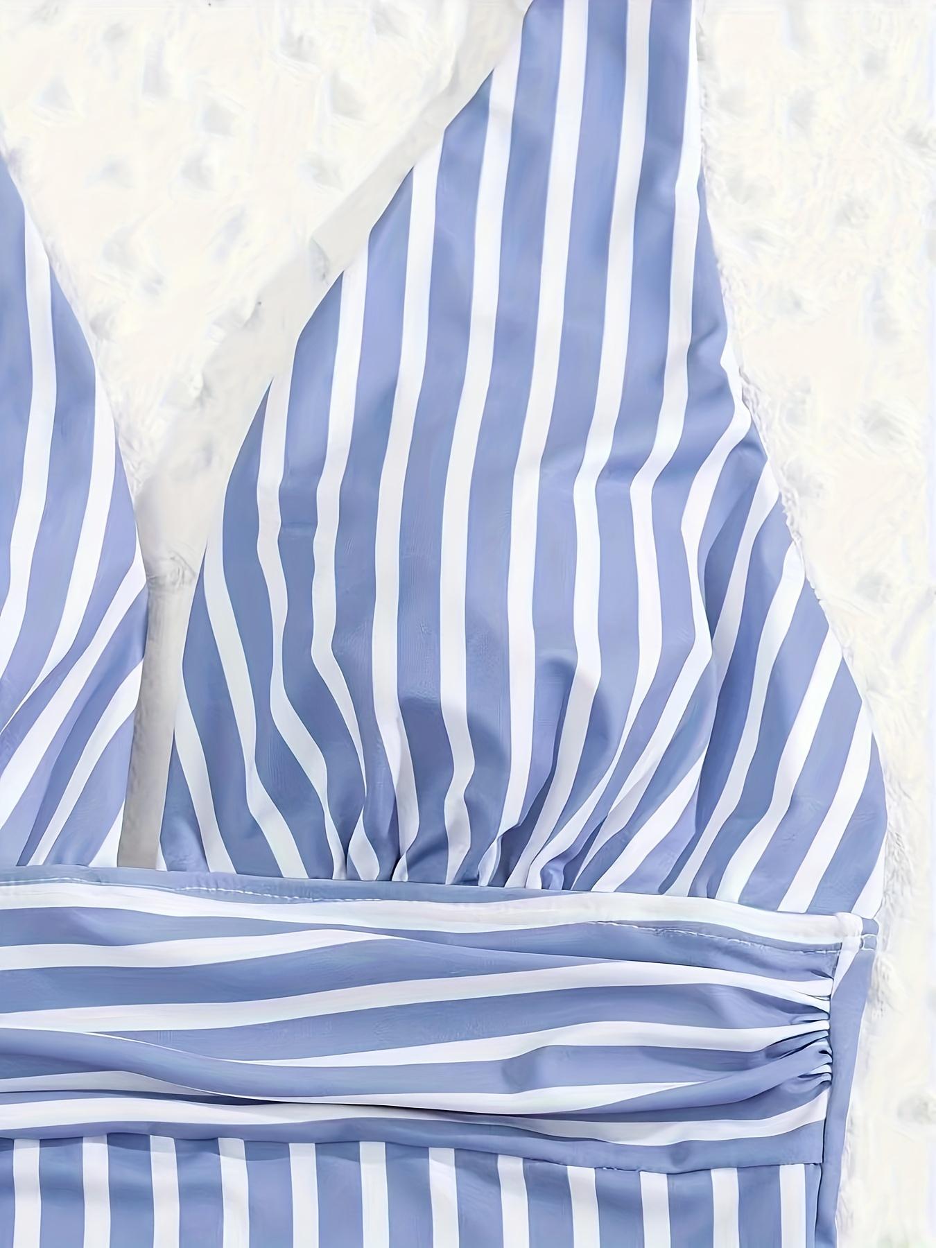 Cute Blue & White Stripe Bodysuit - Great for Island Hopping & Surfing, Avoids Overly Sexy Looks with a Modest yet Flirty V-Neck, Offering Secure Fit & Comfortable Coverage for Active Water Sports.