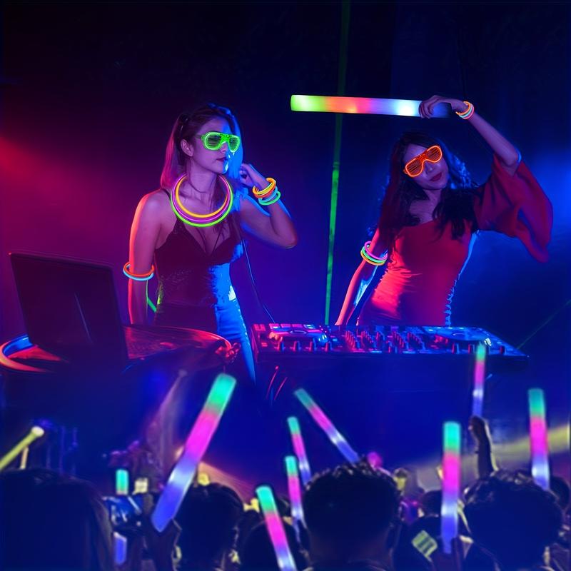 142 Pieces Light Up Party Set: 12 Pieces Foam Light Up Sticks, 12 Pieces LED Glasses, 100 Pieces Light Up Sticks, 12 Pieces Finger Lights, 6 Pieces Light Up Headbands for Weddings, Concerts, Raves, Birthday Parties, Mother's Day Decorations Colorful