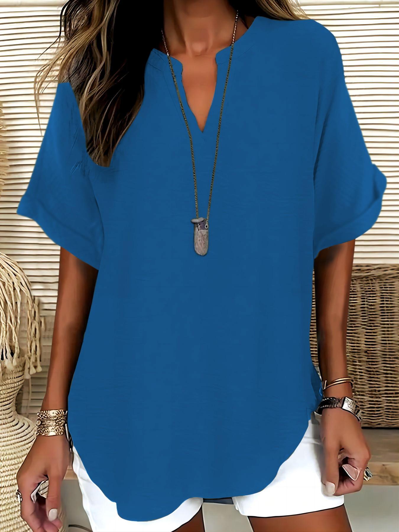 Women's Simple Vintage Solid V-Neck Short Sleeve Shirt Blouses, Casual Loose-Fitting Pullover, 100% Polyester, All Seasons Fashion Top