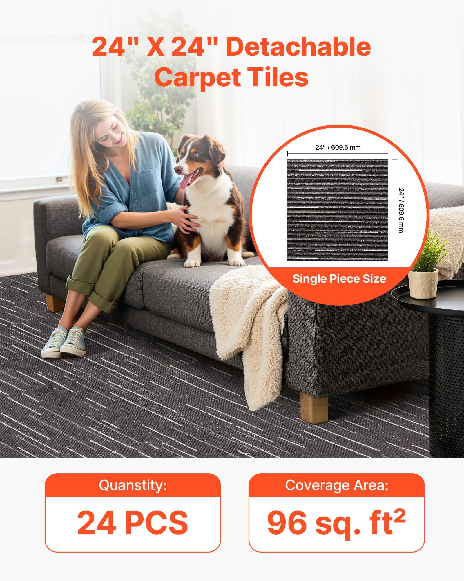 VEVOR Pet-Friendly Reusable Polypropylene Modular Carpet Tiles, 24x24 in, 24pcs Pack (96 sq.ft), Soft Padded, Seamless Installation, Portable Commercial Office Indoor Flooring, Stylish DIY Gray Squares, Modular Squares