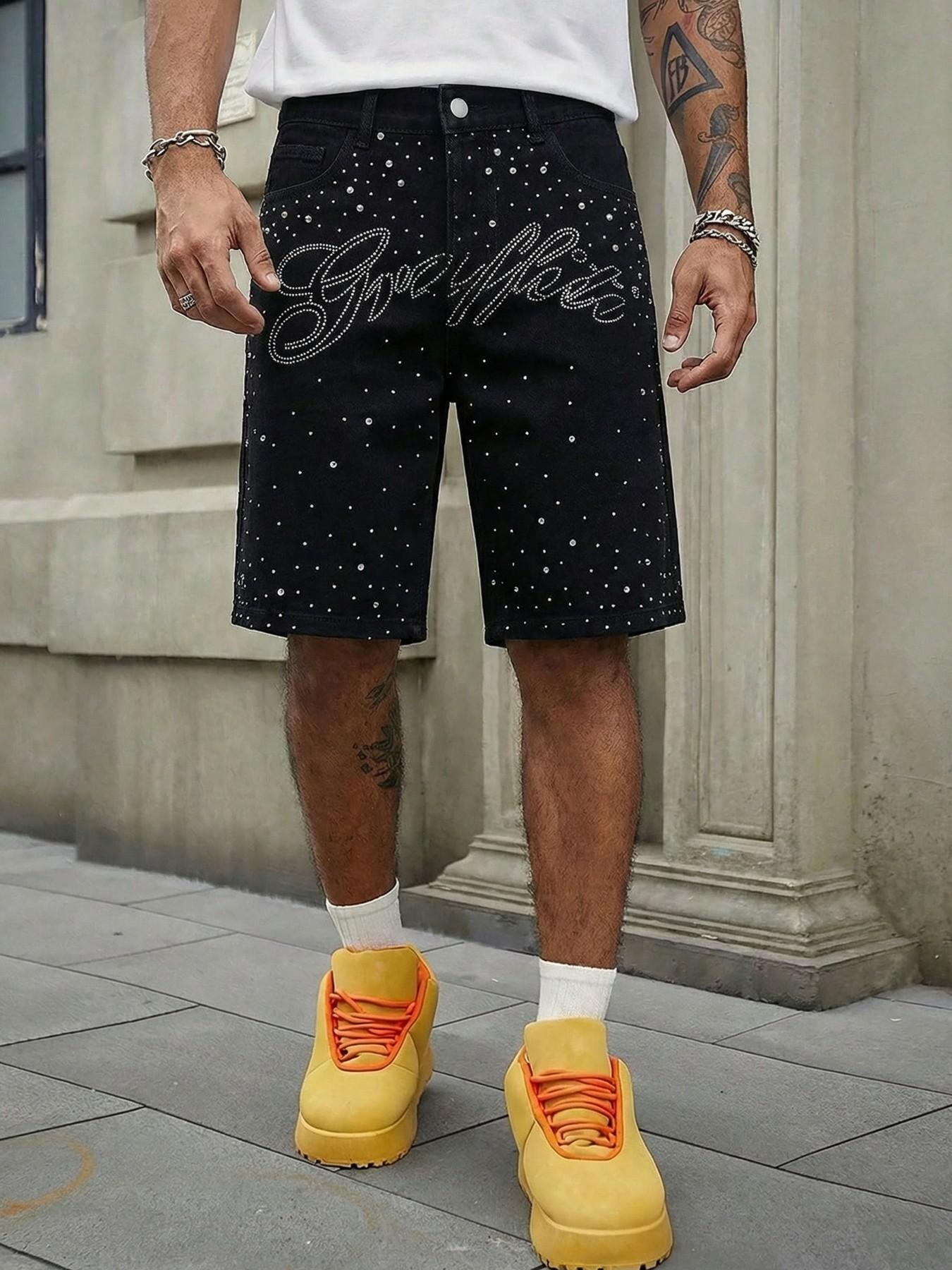 Summer Men's Rhinestone Letter Embellished Loose Fit Straight Leg Denim Shorts, Trendy American High Street Casual Five-Pocket Pants