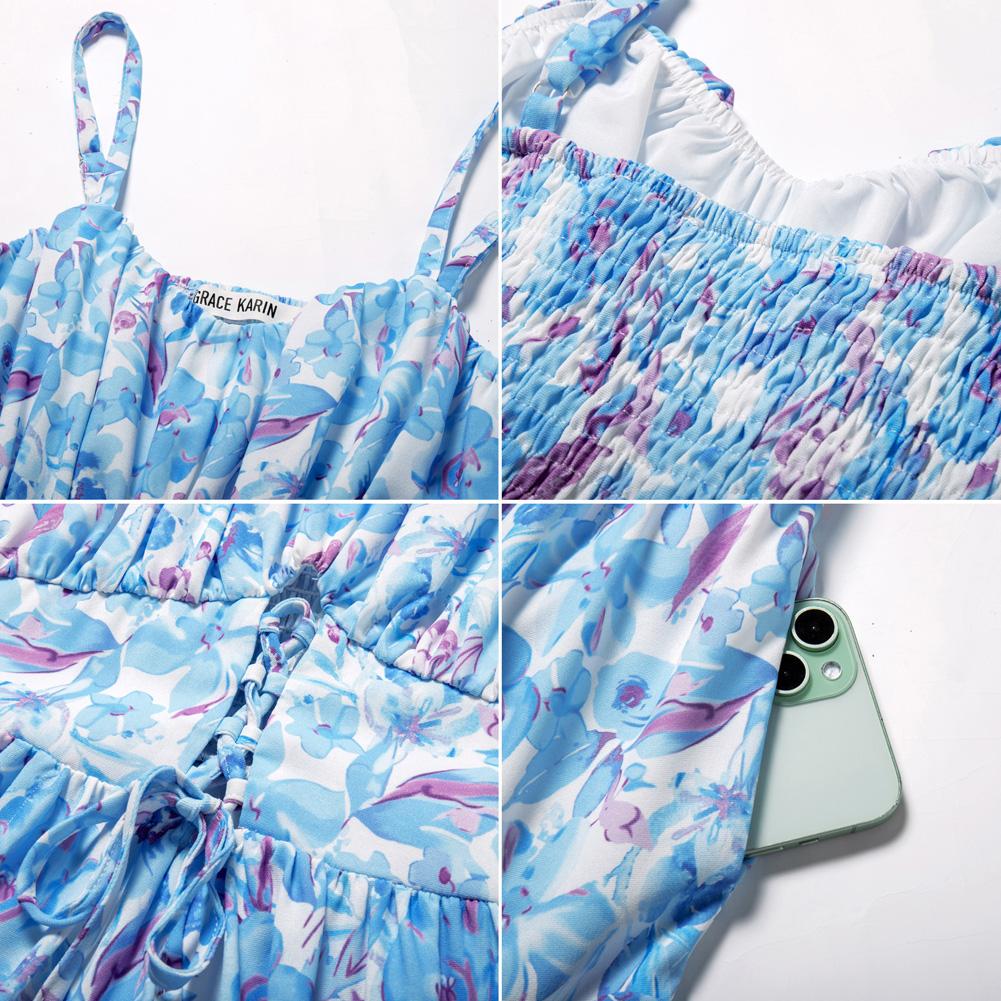 【GRACE KARIN】 Women's Summer Floral Dress Spaghetti Strap Smocked Tiered Casual Boho Maxi Long Sundress with Pockets SpringStatements